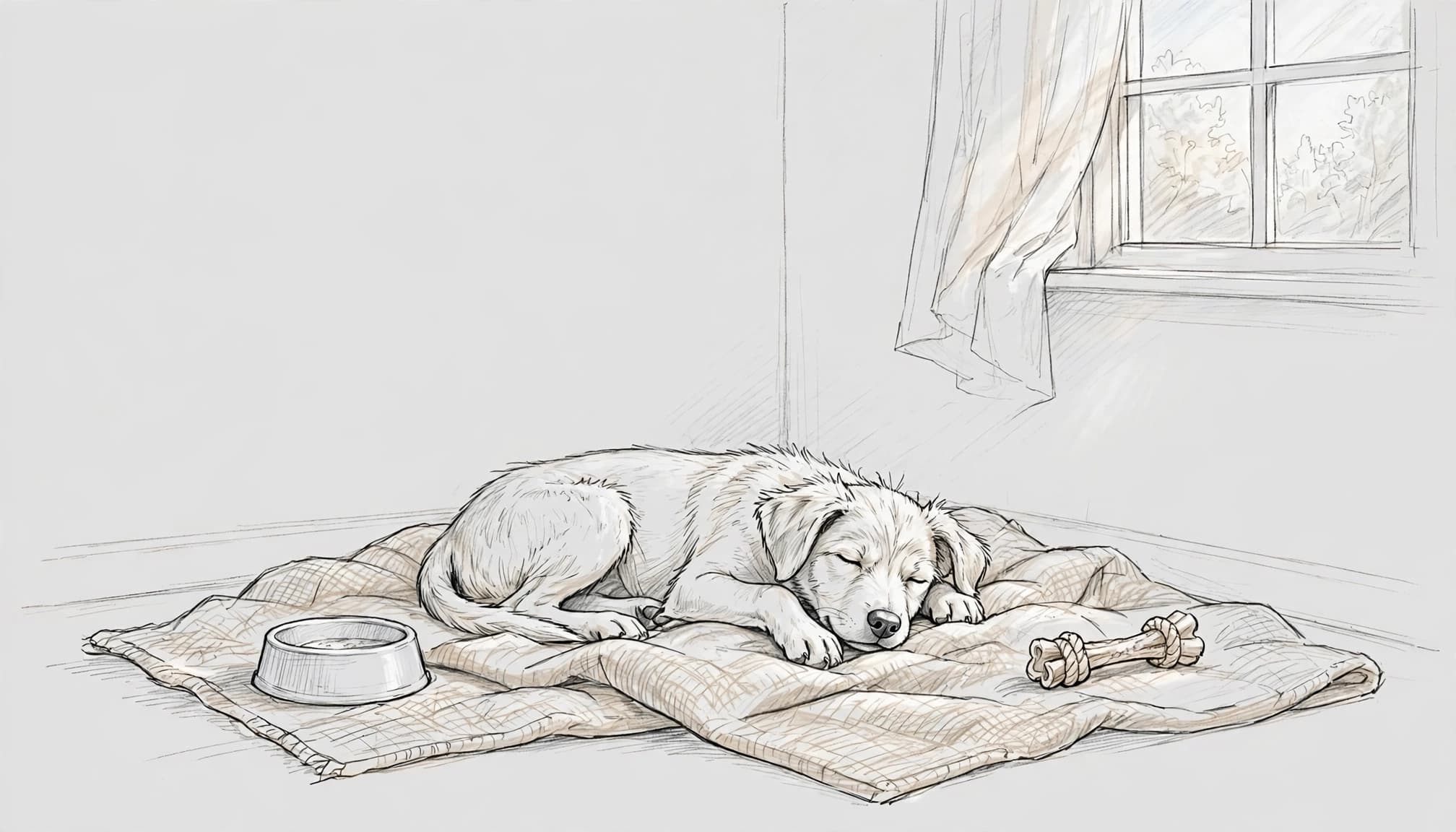 Ein junger Hund ruht auf einer Decke neben Napf und Kauspielzeug im sanften Fensterlicht.