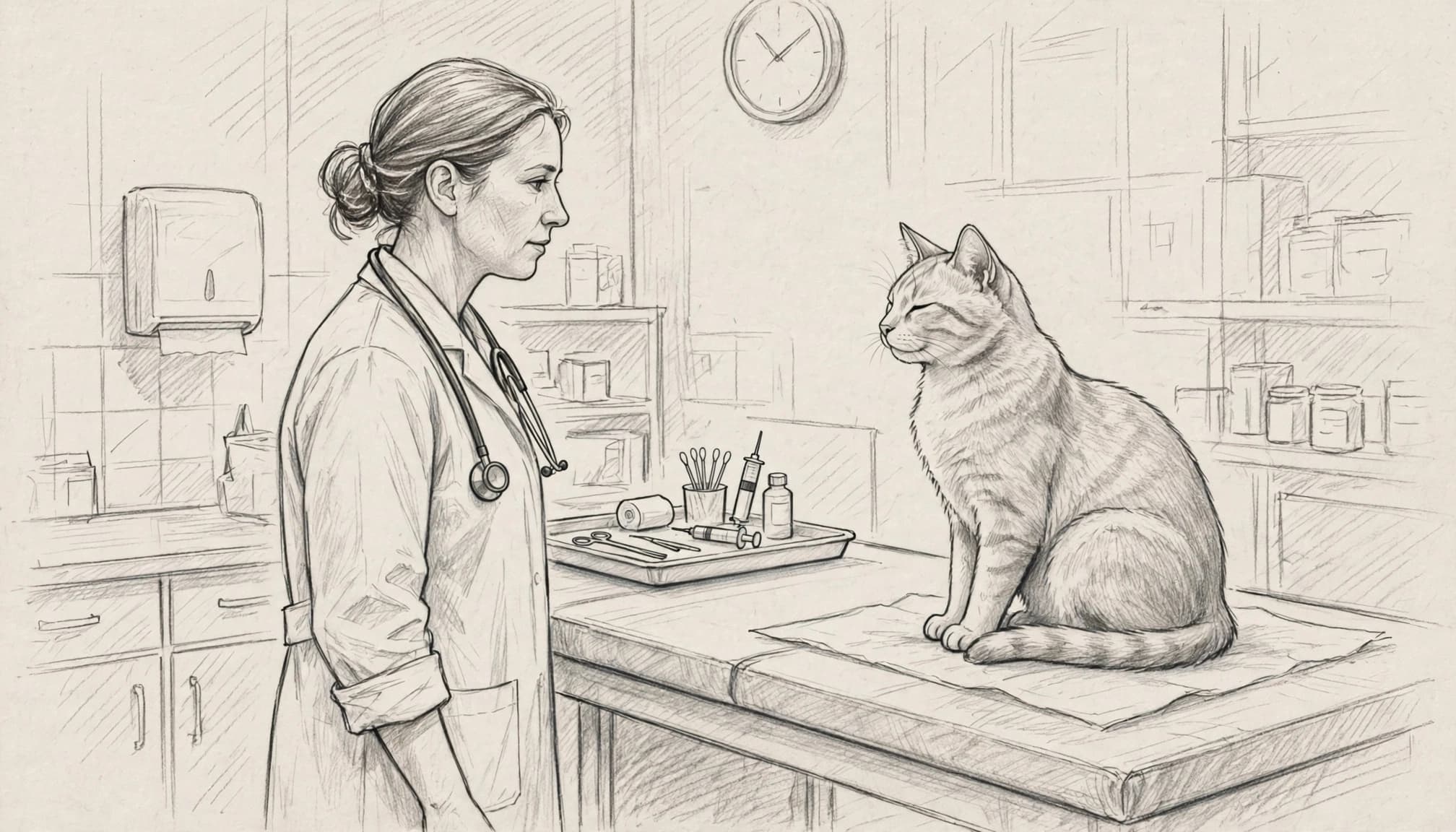 Ruhige Katze neben dem Untersuchungstisch in einer skizzierten Tierarztpraxis.