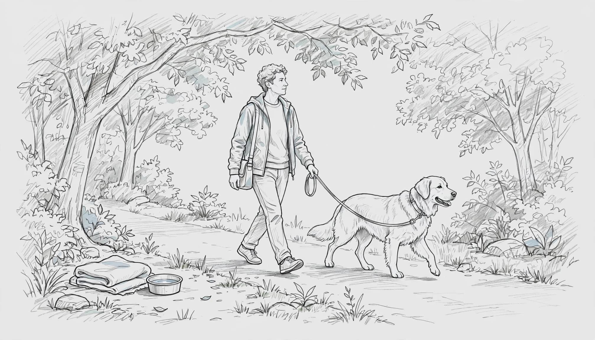 Ein Hund geht entspannt mit seinem Besitzer auf einem schattigen Weg.