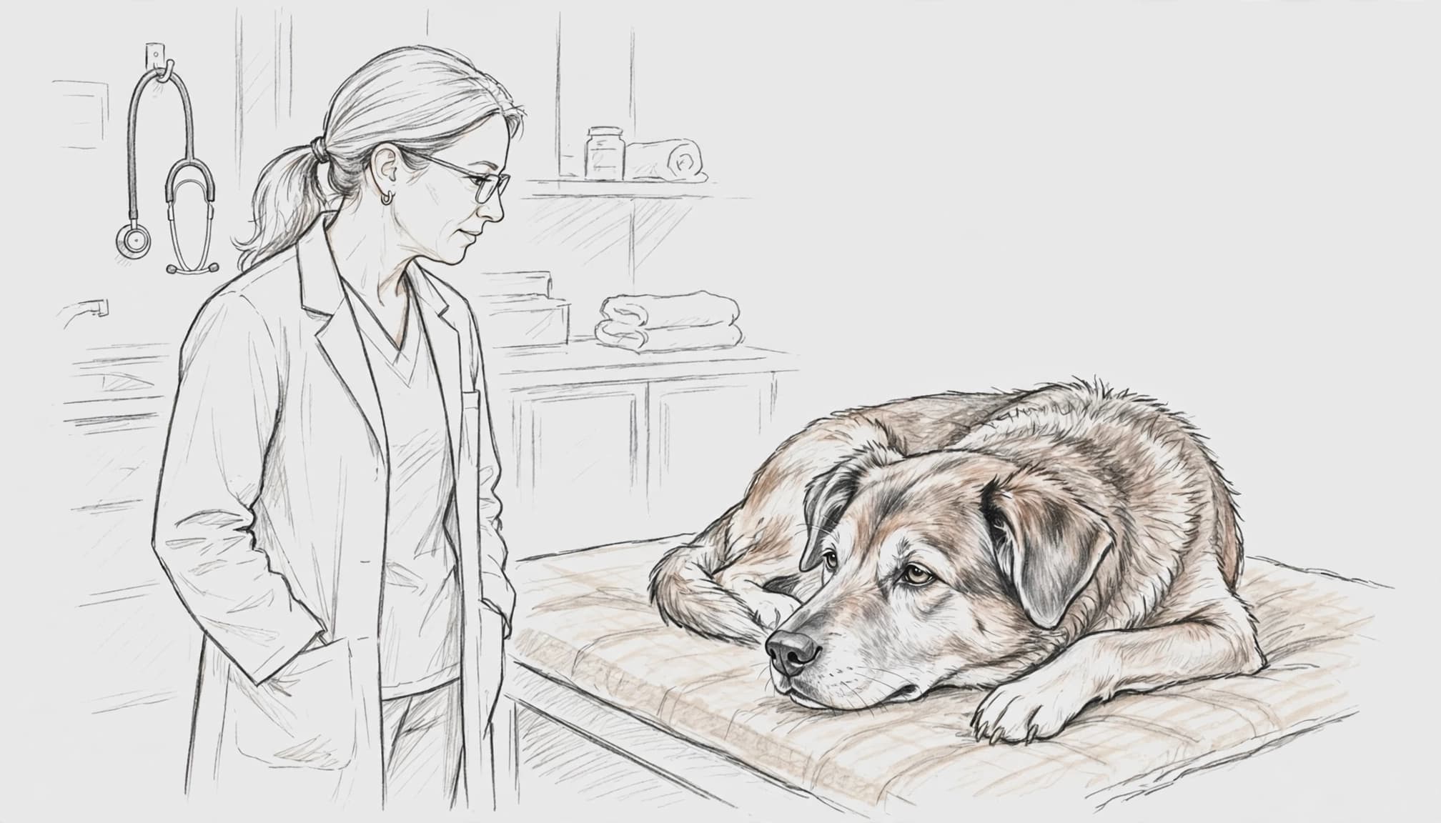 Älterer Mischlingshund auf einer Untersuchungsmatte neben einer Tierärztin.