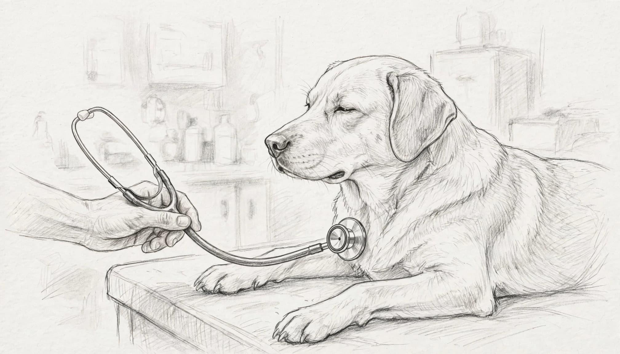 Tierärztliche Hand mit Stethoskop an der Brust eines ruhigen Hundes.