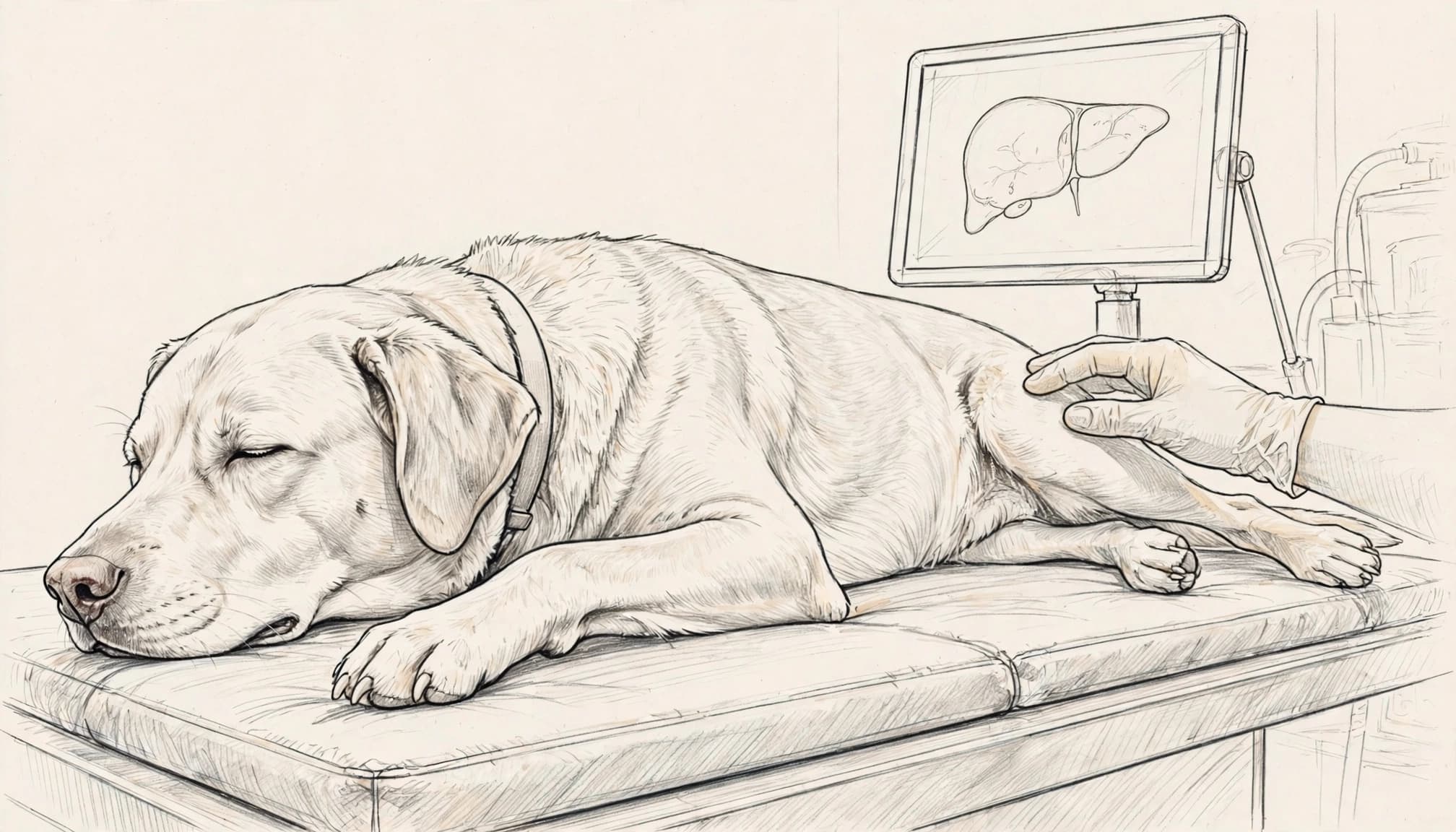Ruhiger Hund auf dem Untersuchungstisch mit behandschuhter Hand und angedeuteter Leberskizze.