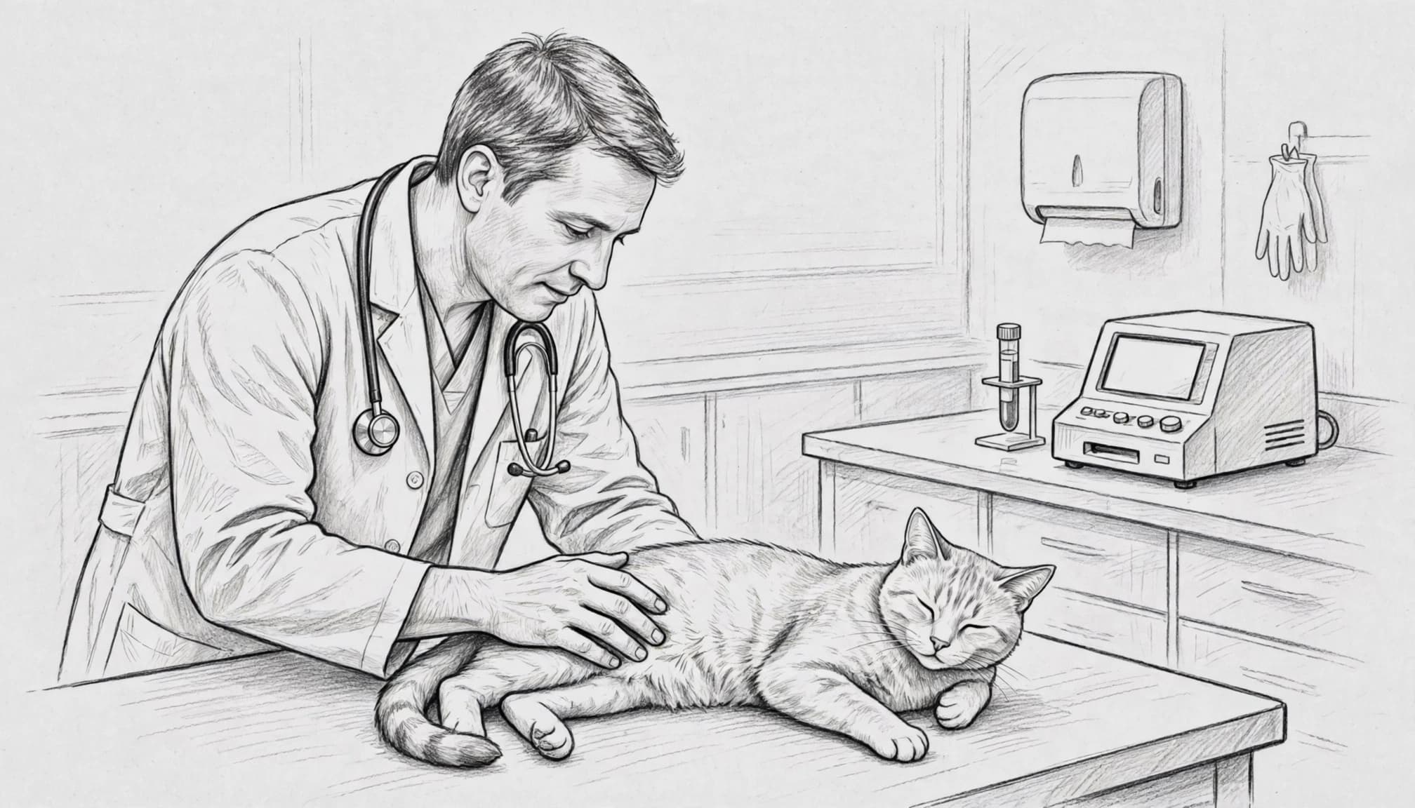 Eine Tierärztin untersucht eine Katze; Blutprobenröhrchen und Laborgerät stehen im Hintergrund.