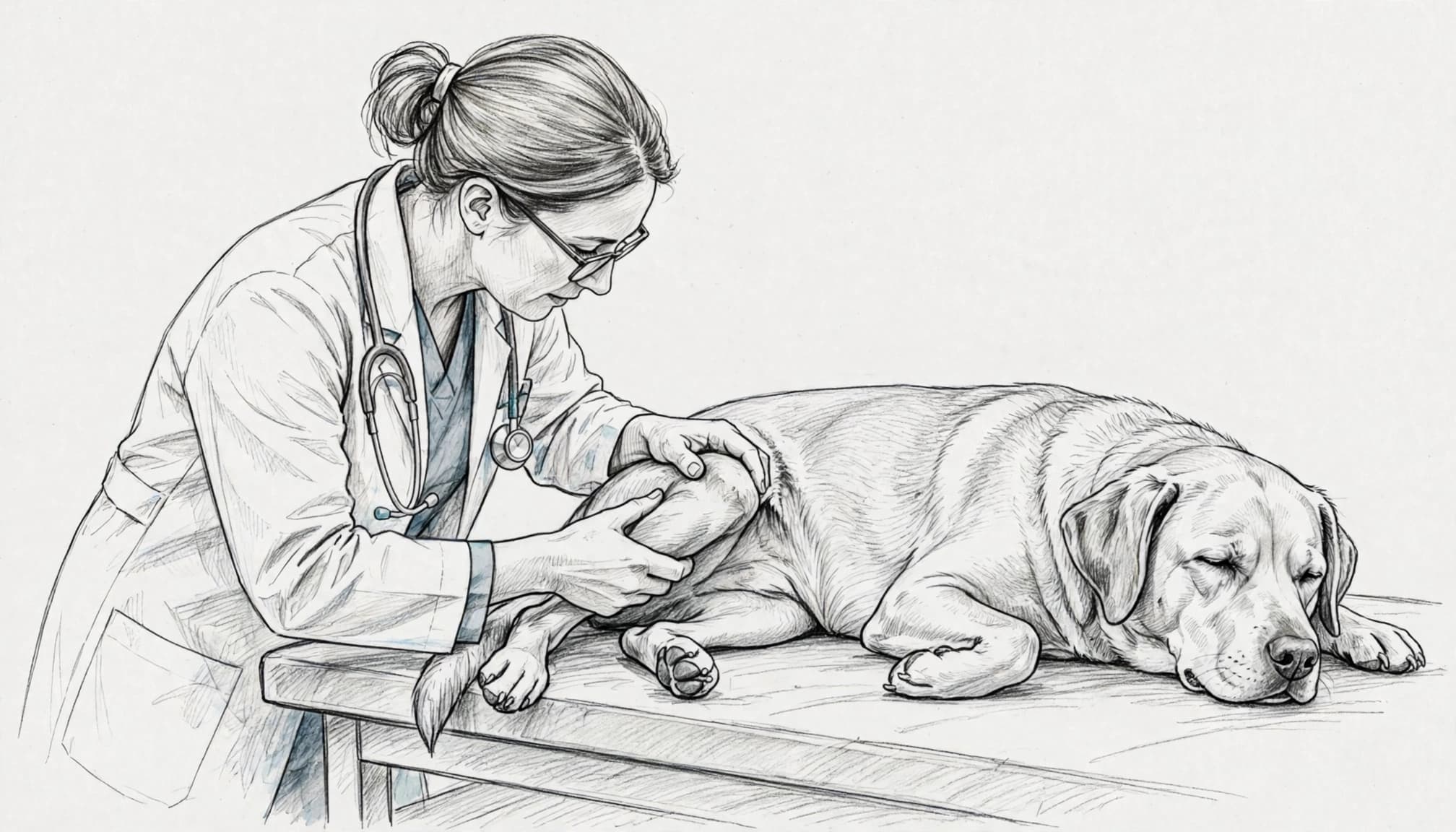Ein Tierarzt untersucht das hintere Knie eines ruhigen Hundes auf einem Untersuchungstisch.