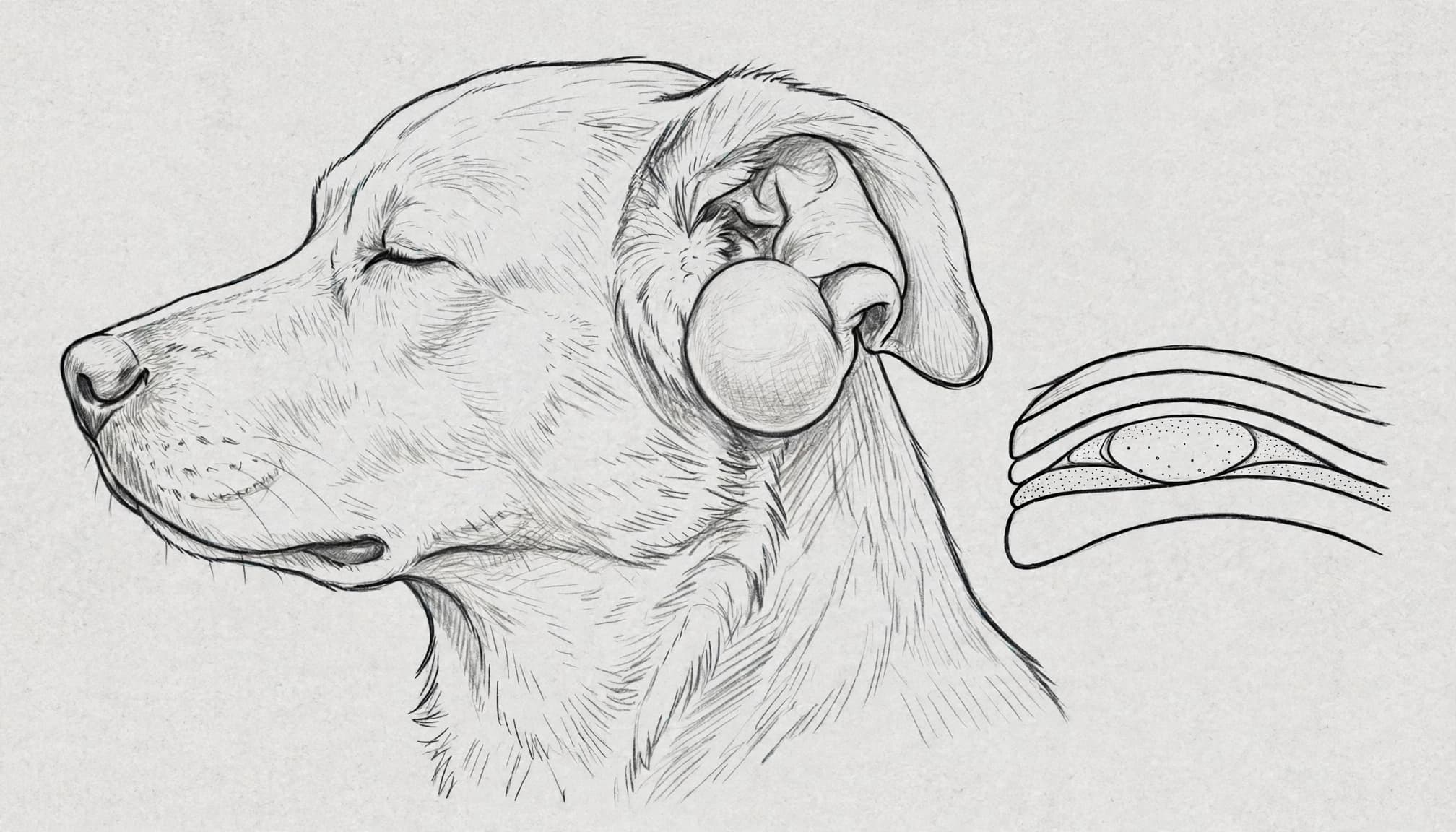 Zeichnung eines Hundekopfes im Profil mit geschwollenem Ohr und einer Detailansicht des Ohres.