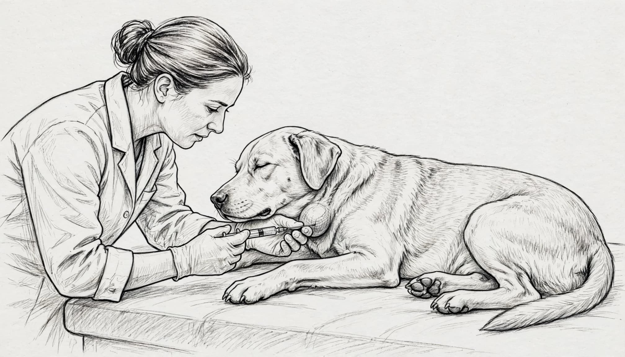 Eine Handgezeichnete Skizze zeigt eine Tierärztin, die einen Hund untersucht.