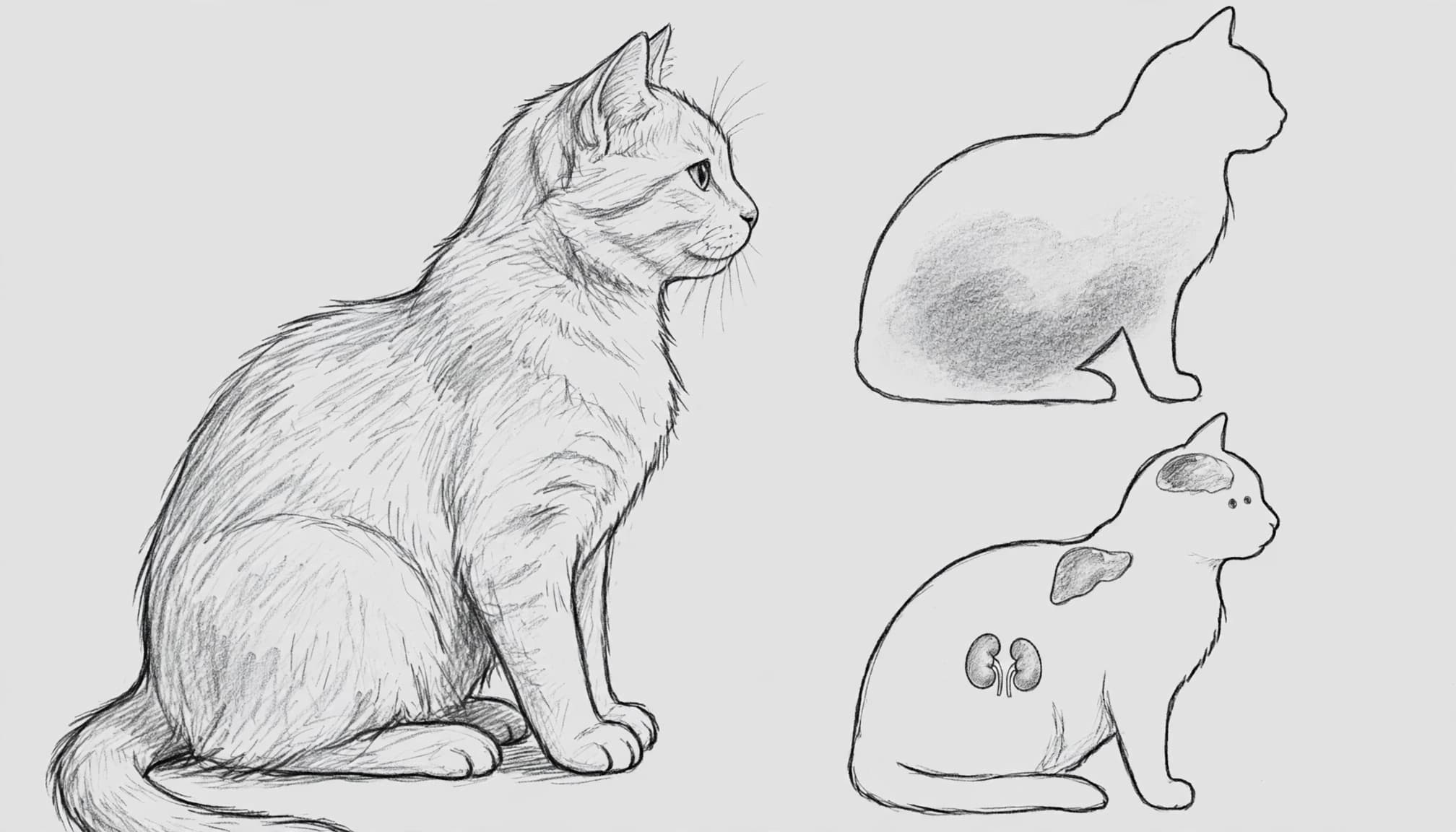 Eine Bleistiftzeichnung einer Katze neben zwei vereinfachten anatomischen Silhouetten.