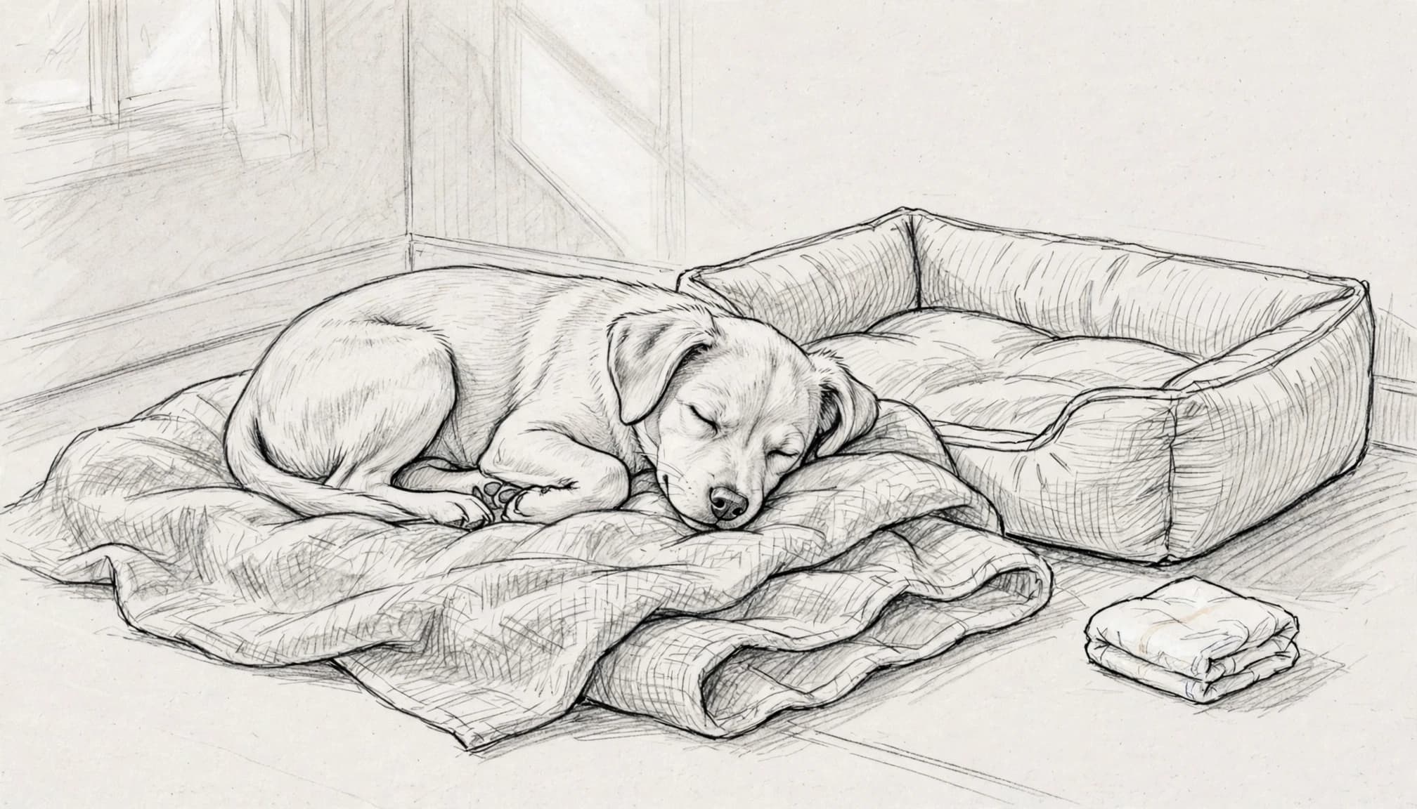 Eine junge Hündin ruht auf einer Decke neben Hundebett und gefalteter Läufigkeitshose.
