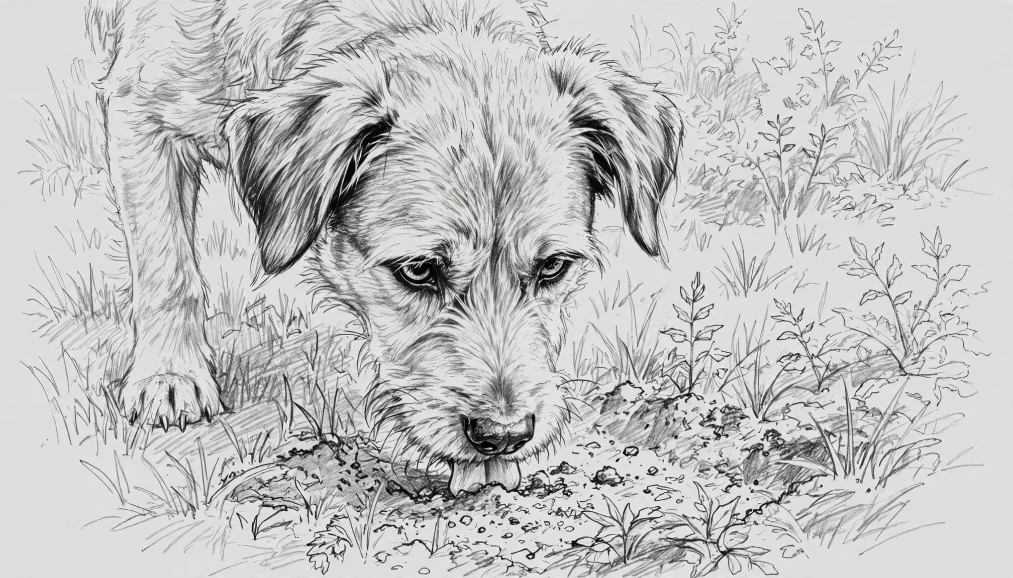 Eine Bleistiftzeichnung eines Hundes, der im Garten an der Erde schnüffelt.