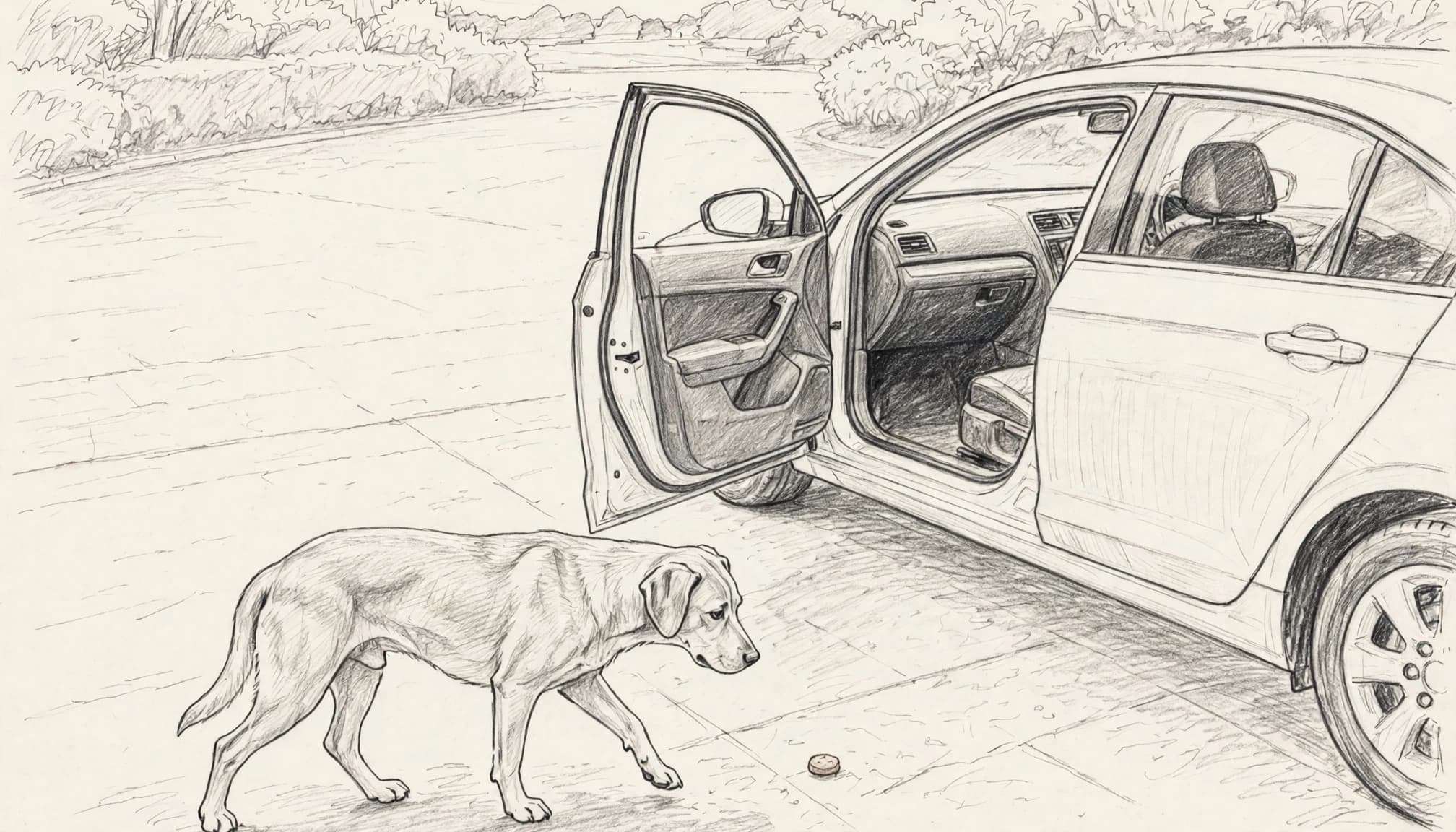 Eine Bleistiftzeichnung zeigt einen Hund, der sich einem Auto mit offener Tür und einem Leckerli nähert.