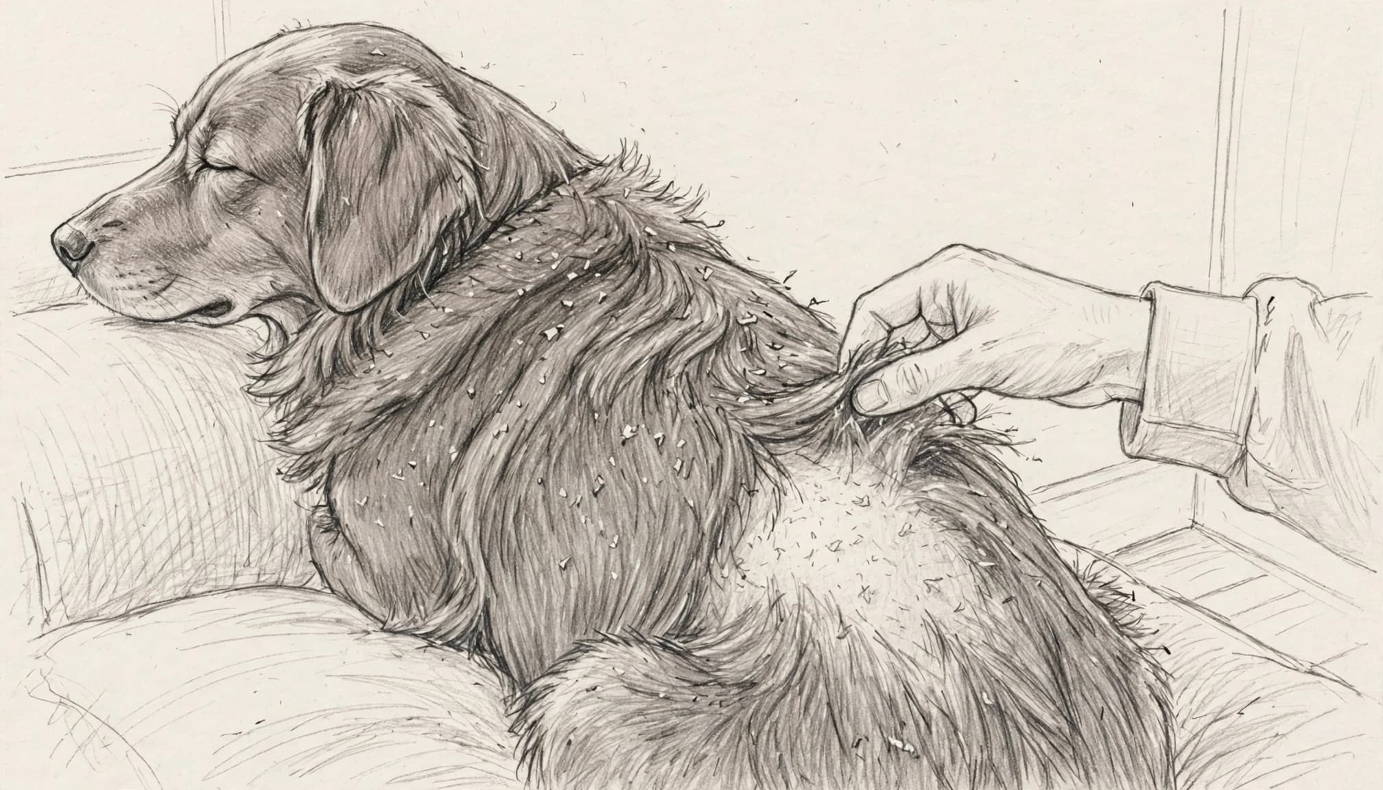 Eine Bleistiftzeichnung zeigt einen Hund, dessen Fell von einer Hand untersucht wird.