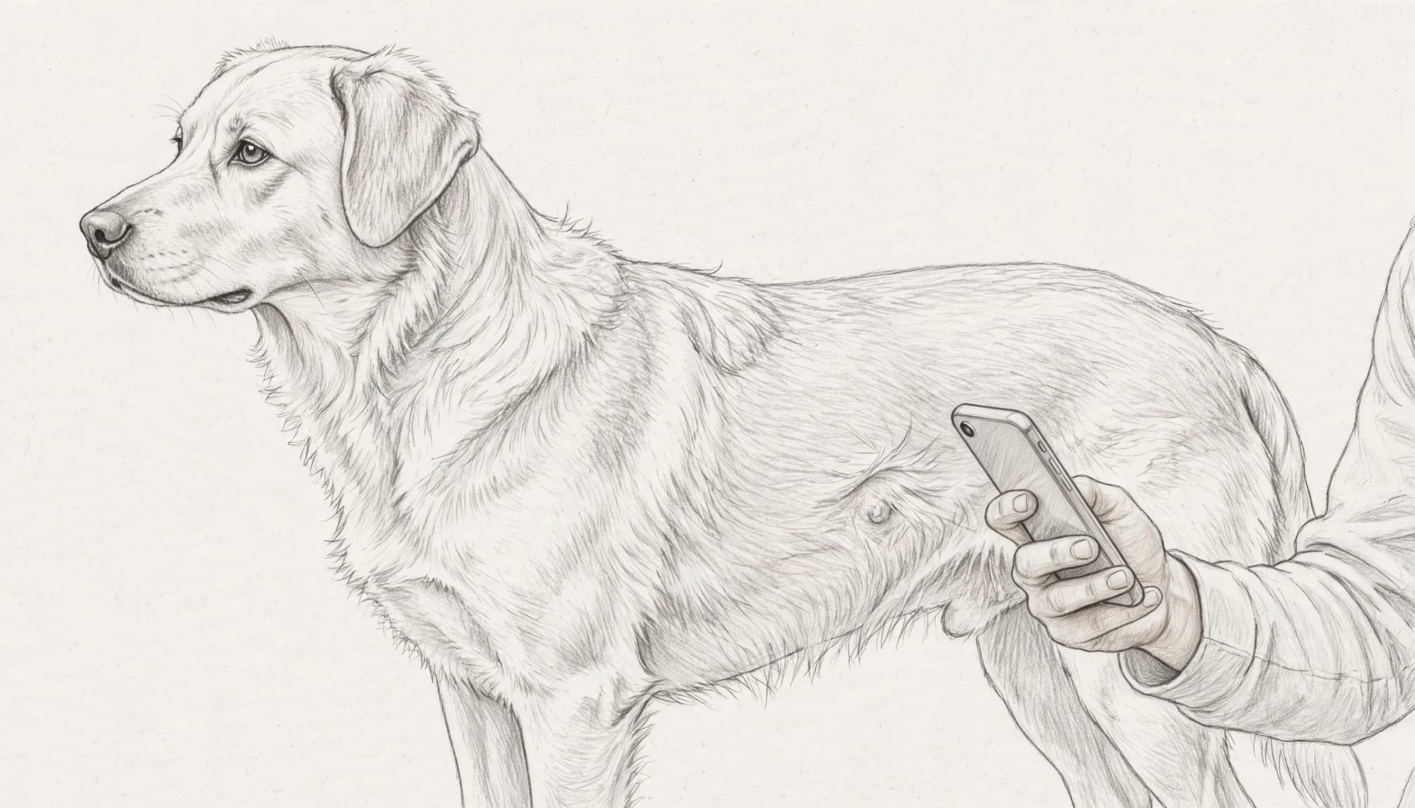 Ein Hund steht ruhig, während sein Besitzer einen Hautknoten an der Flanke fotografiert.