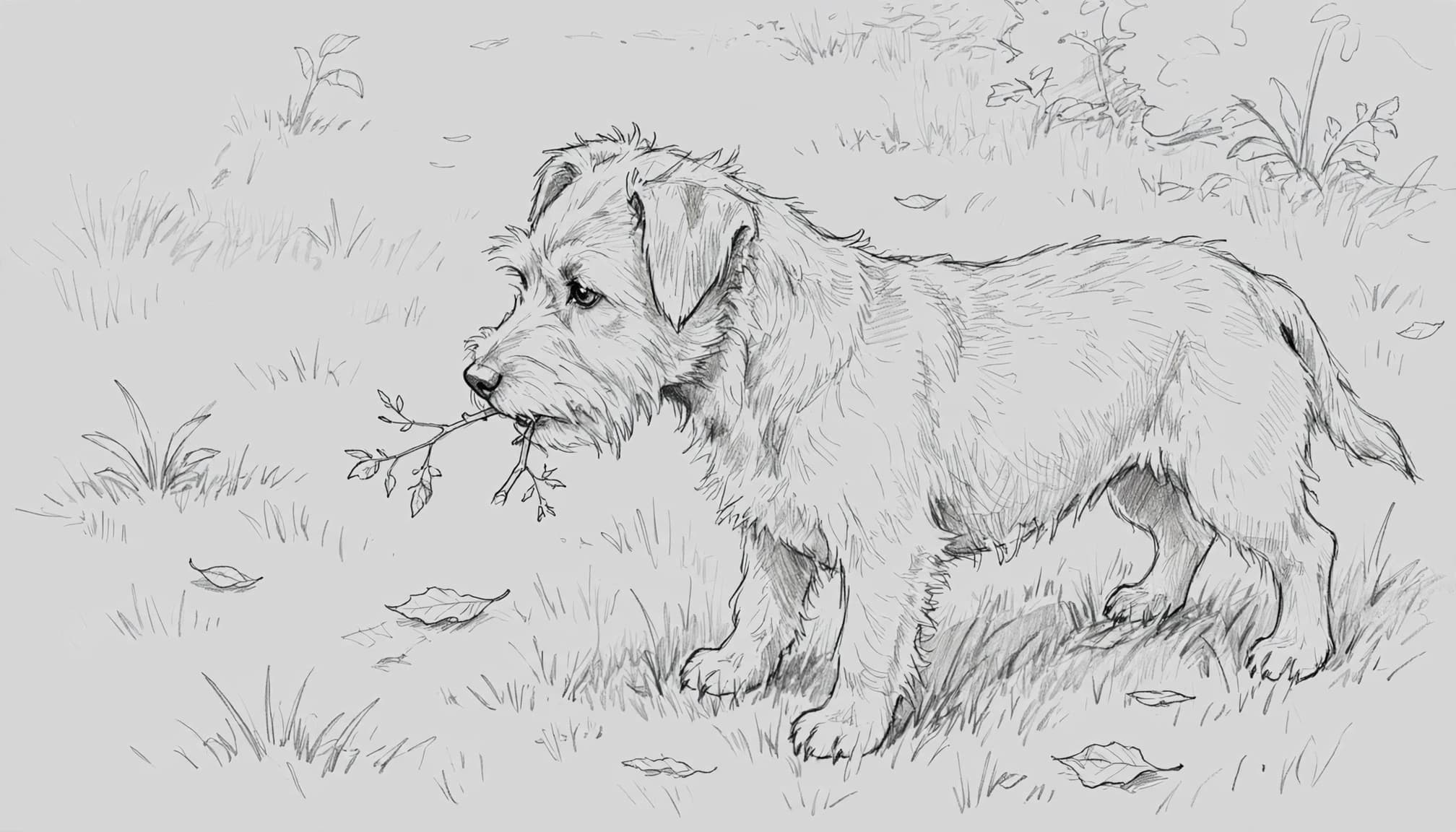 Bleistiftzeichnung eines Hundes, der im Gras steht und an einem Zweig kaut.