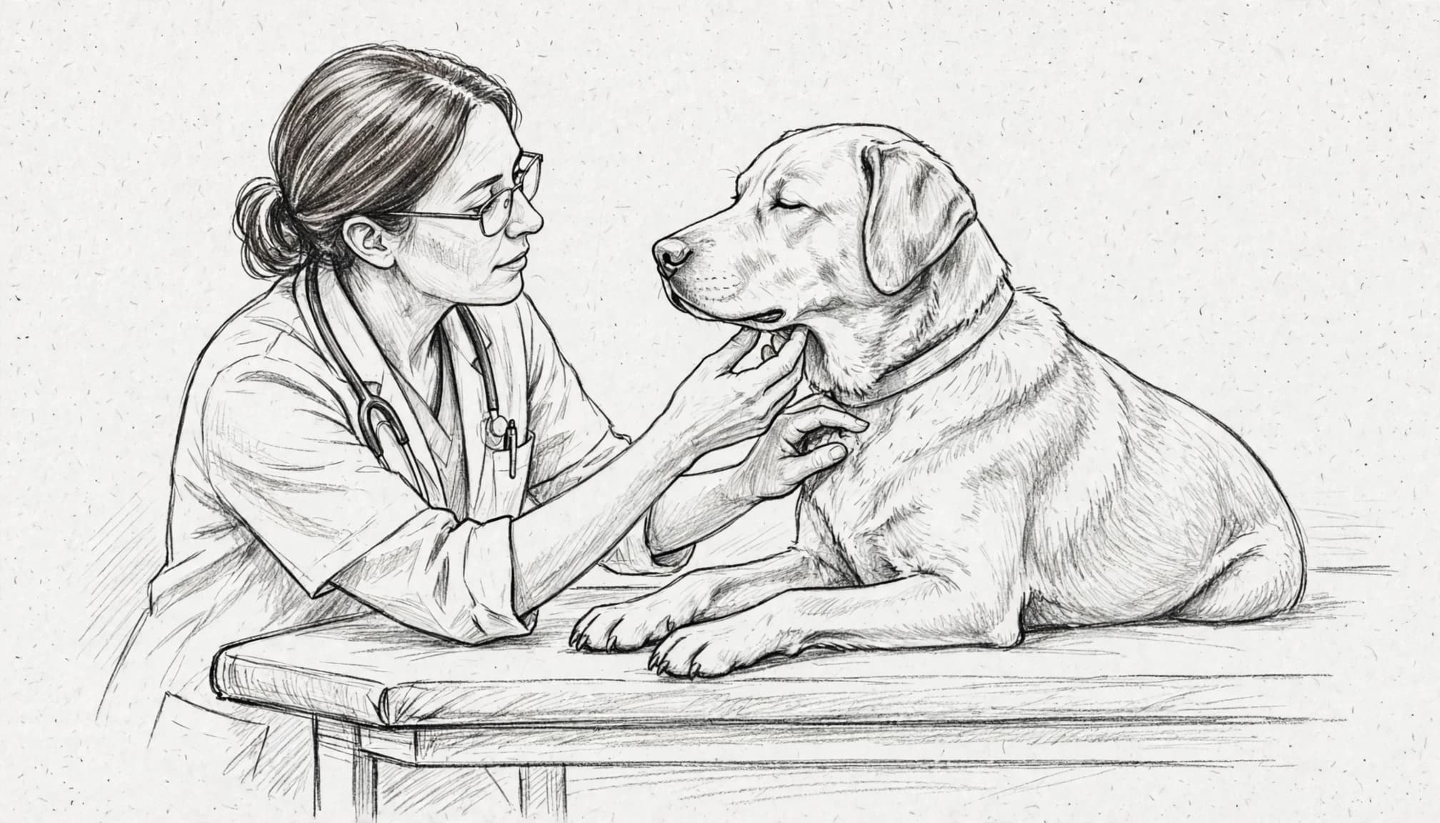 Eine Tierärztin untersucht vorsichtig einen Hund auf einem Behandlungstisch.