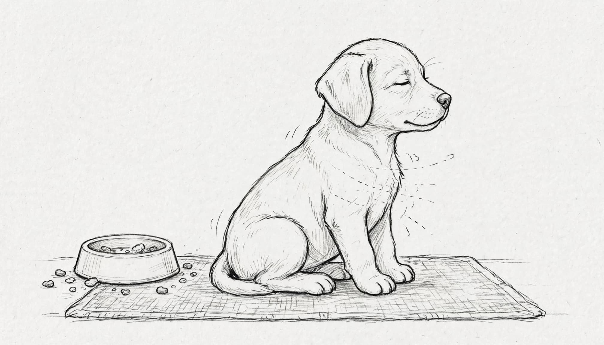 Eine Skizze eines sitzenden Hundes mit geschlossenen Augen neben einer Futterschüssel.