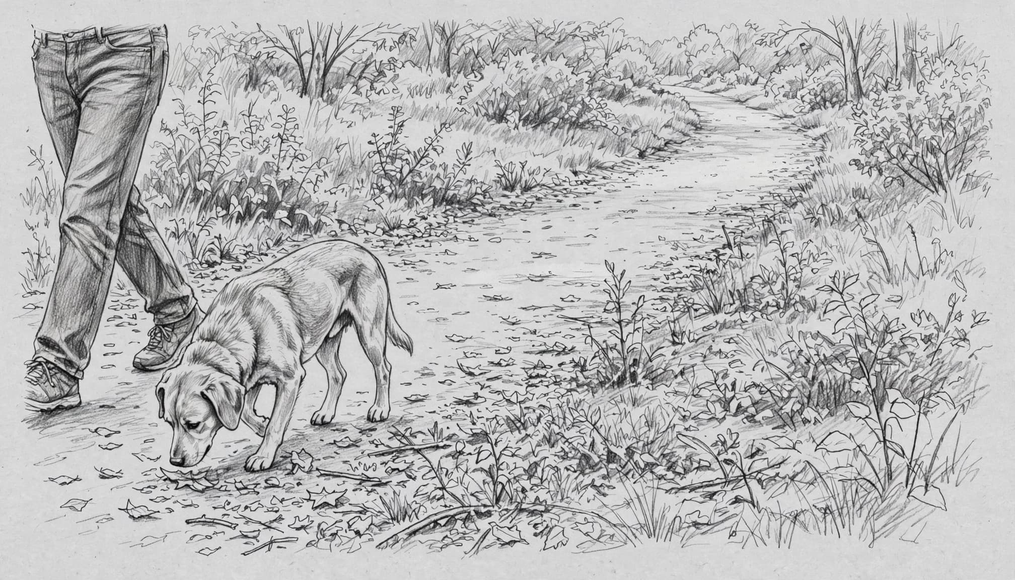 Eine Bleistiftzeichnung zeigt einen Hund, der auf einem Weg schnüffelt, während eine Person von der Taille abwärts zu sehen ist.