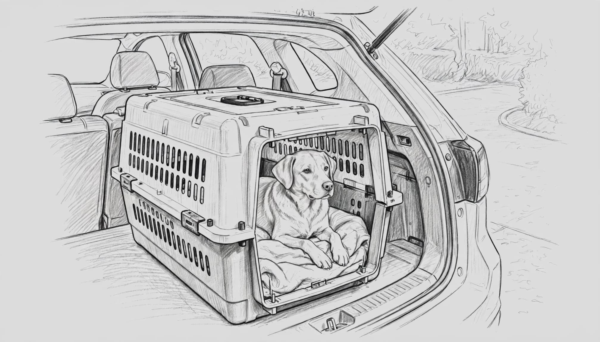 Eine Bleistiftzeichnung zeigt einen Hund in einer Transportbox im Kofferraum.