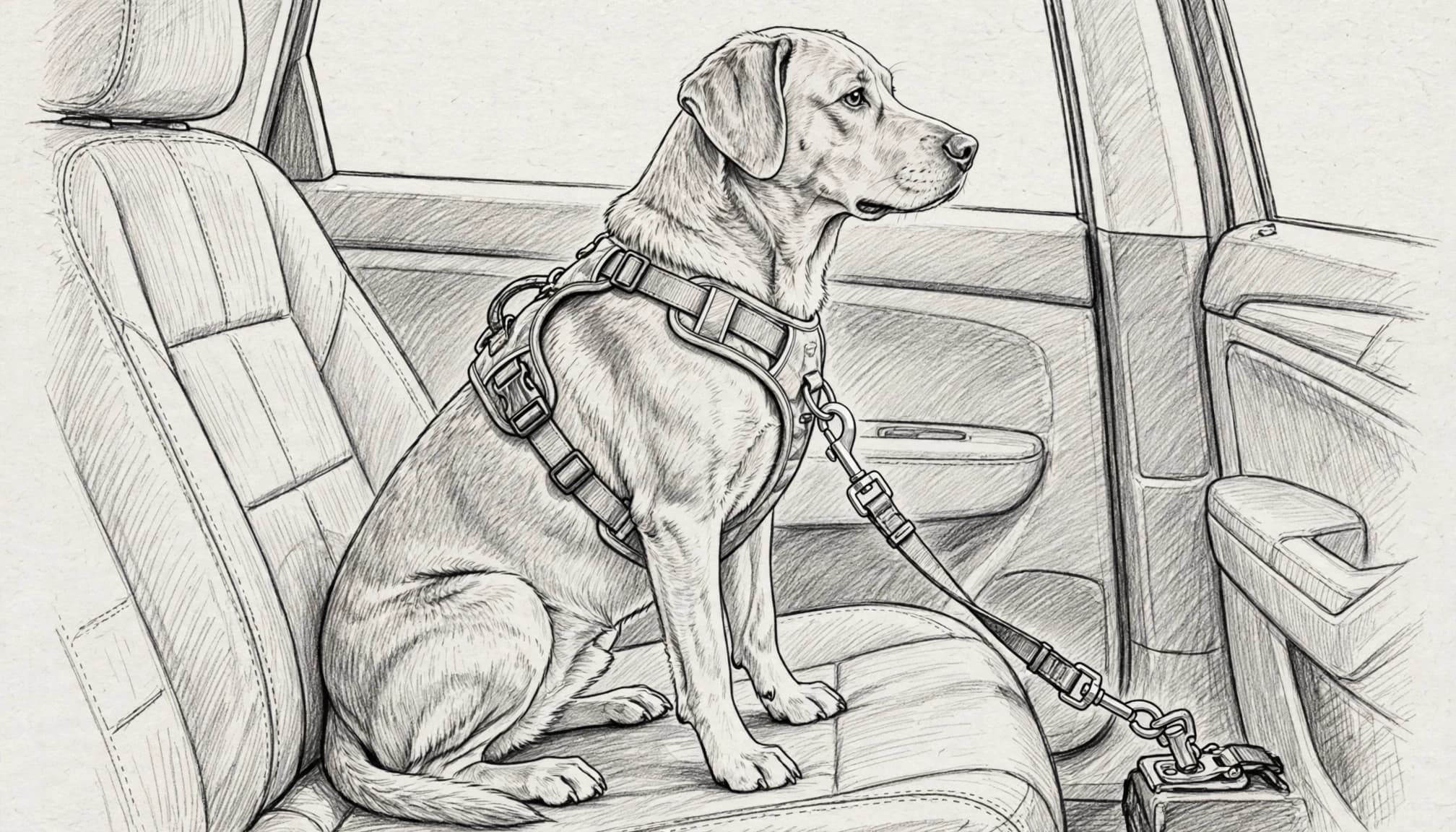 Bleistiftzeichnung eines Hundes mit Sicherheitsgeschirr auf dem Rücksitz.