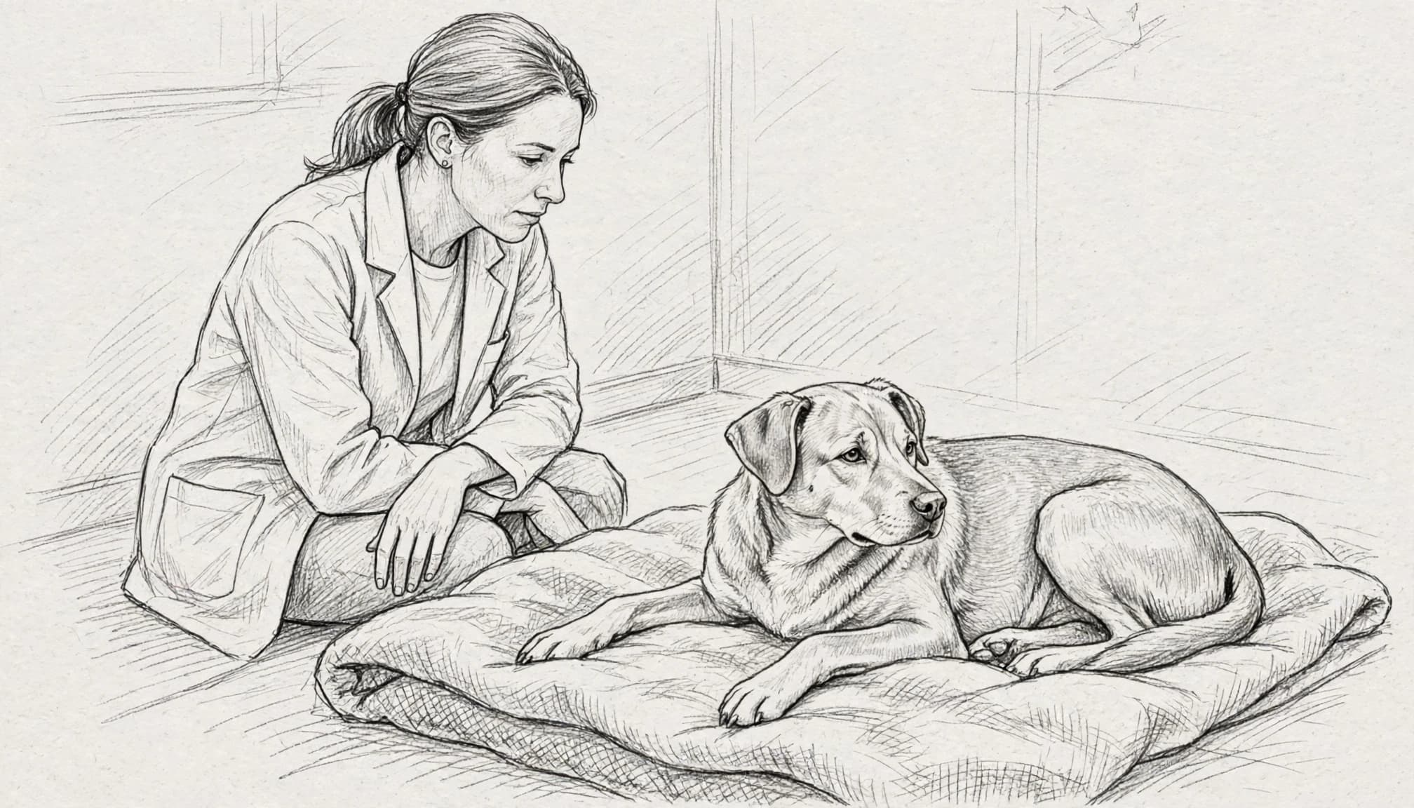 Eine Tierärztin beobachtet einen Hund, der auf einer Decke liegt.