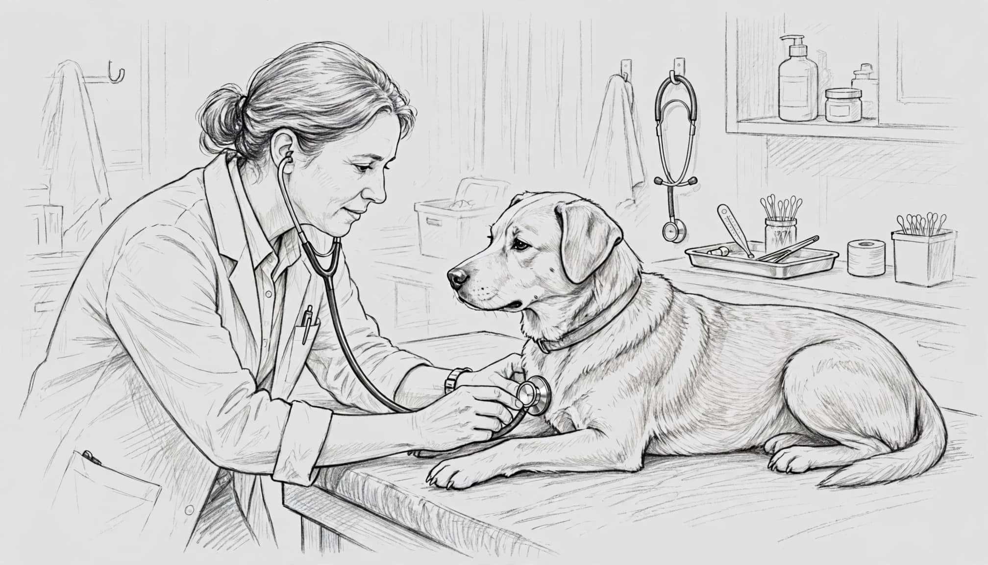 Eine Tierärztin untersucht einen Hund mit einem Stethoskop.