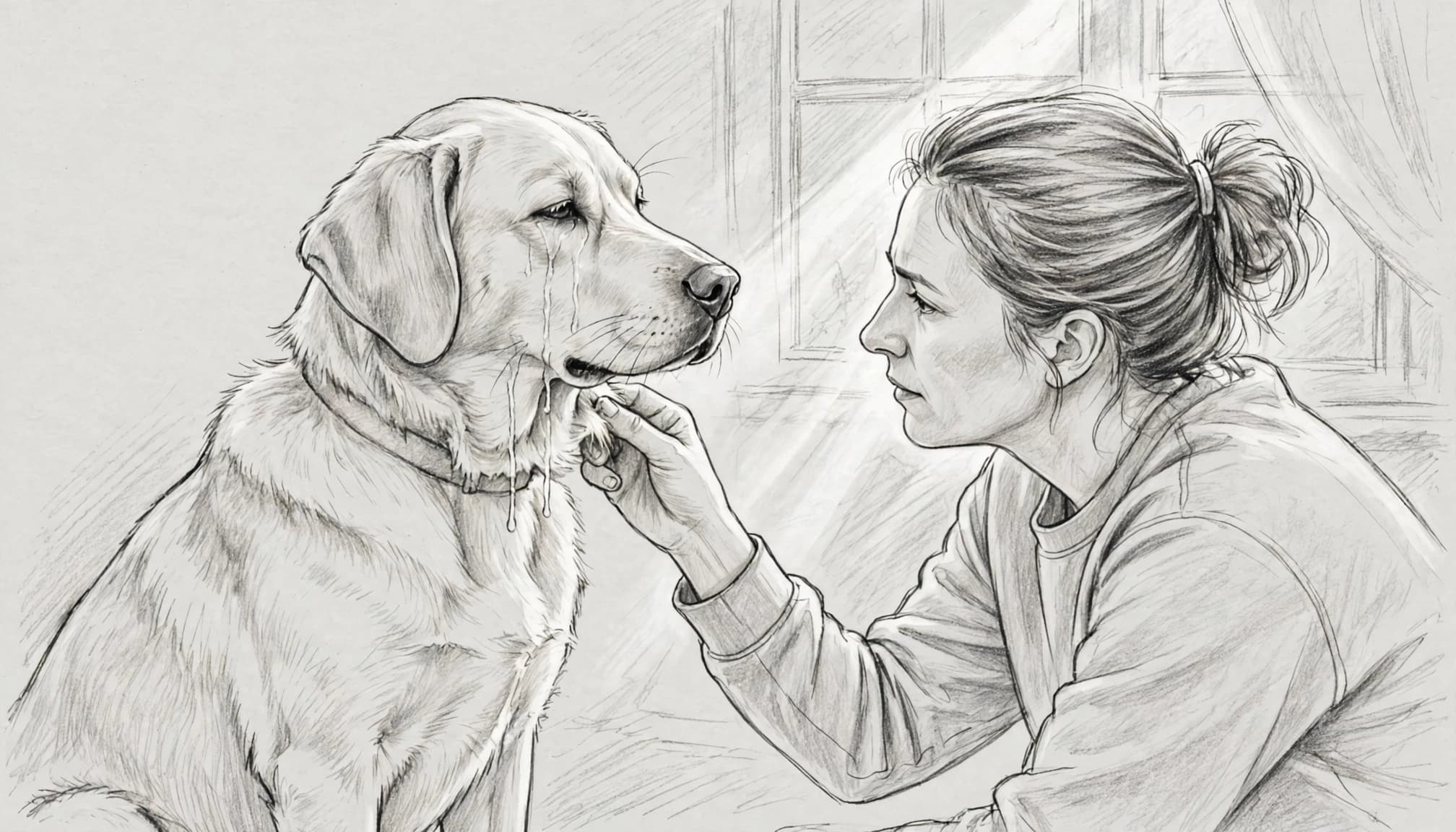 Bleistiftzeichnung einer Frau, die die Augenpartie eines Hundes mit Tränenspuren untersucht.