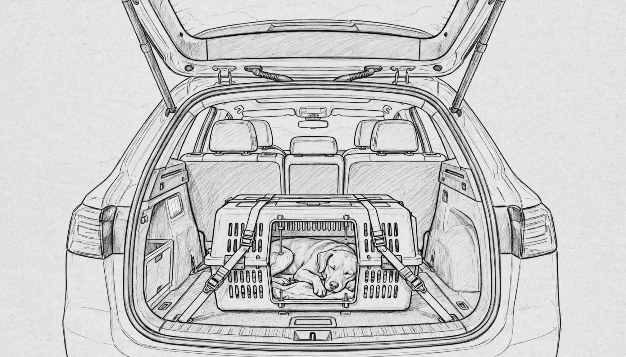 Graphitzeichnung einer Hundebox im Kofferraum eines Autos mit schlafendem Hund.