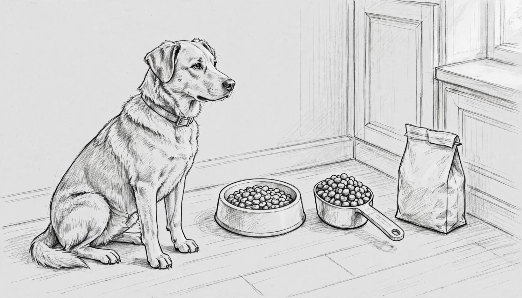 Eine Bleistiftzeichnung zeigt einen Hund neben einer Futterschüssel, einer Schaufel mit Trockenfutter und einem Futtersack.