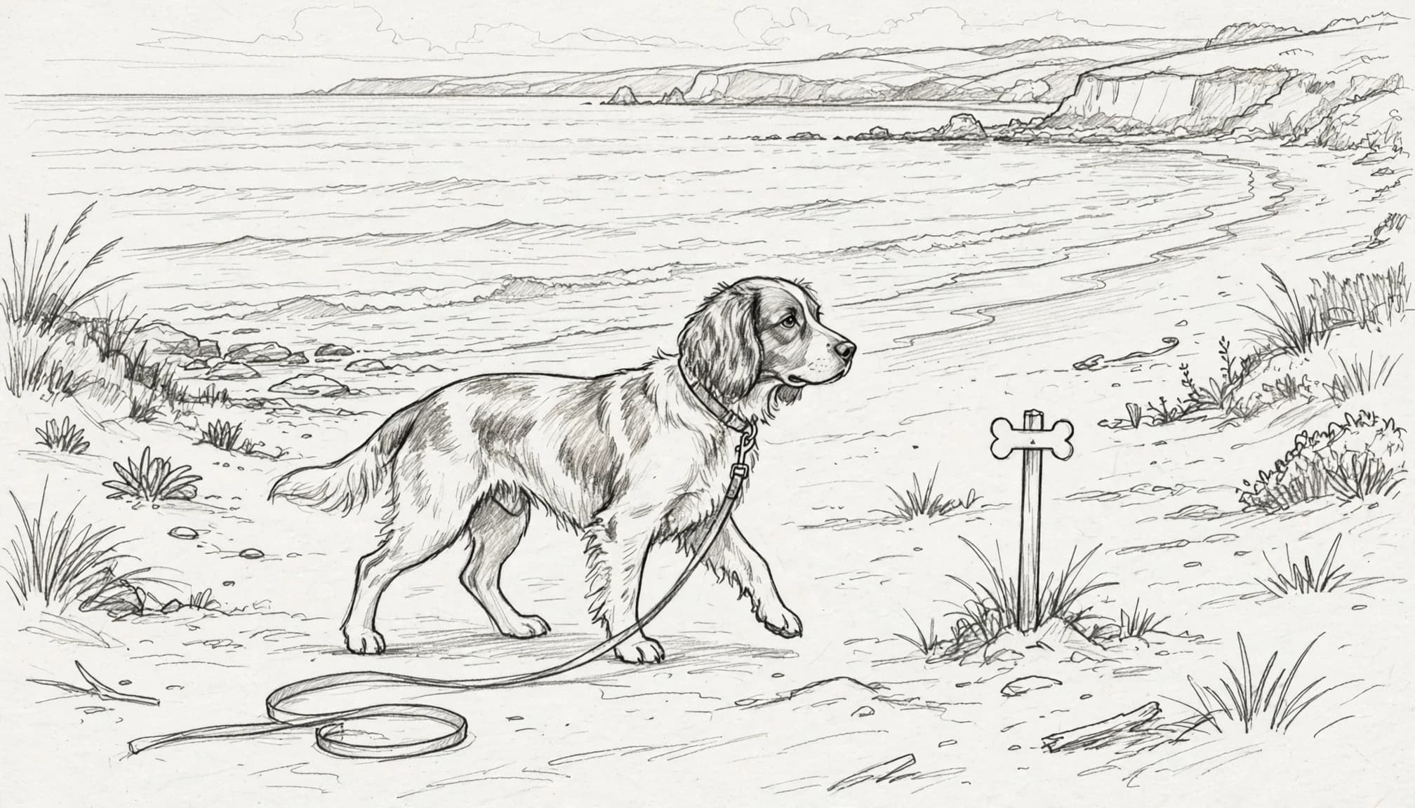Bleistiftzeichnung eines Hundes am Strand mit einem Schild und Hundeleine.