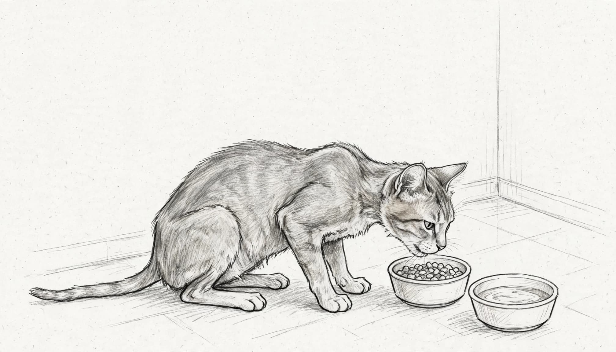 Eine schlanke ältere Katze frisst neben einem Wassernapf.