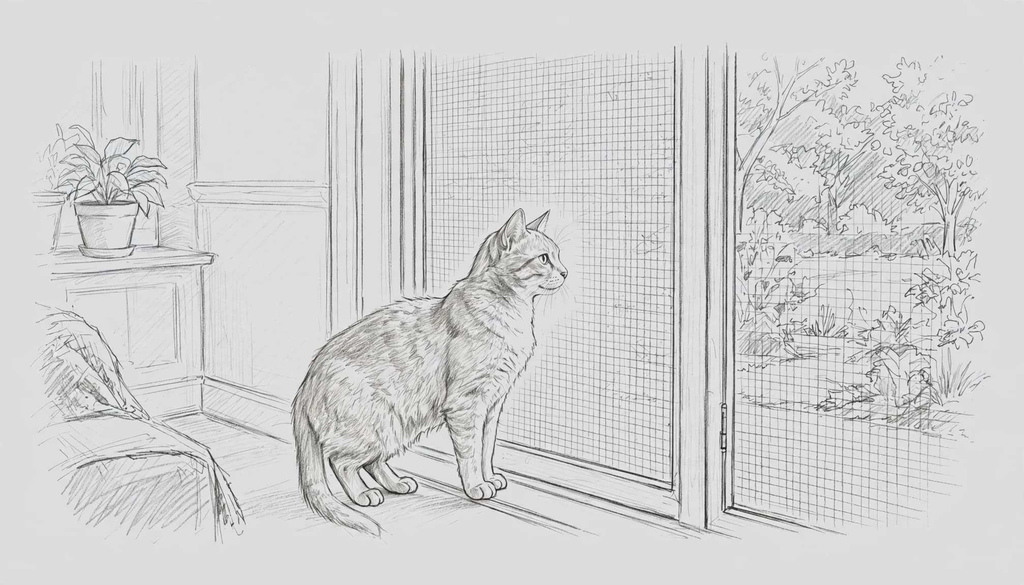 Eine Katze steht vor einer Balkontür mit Blick auf den Garten.