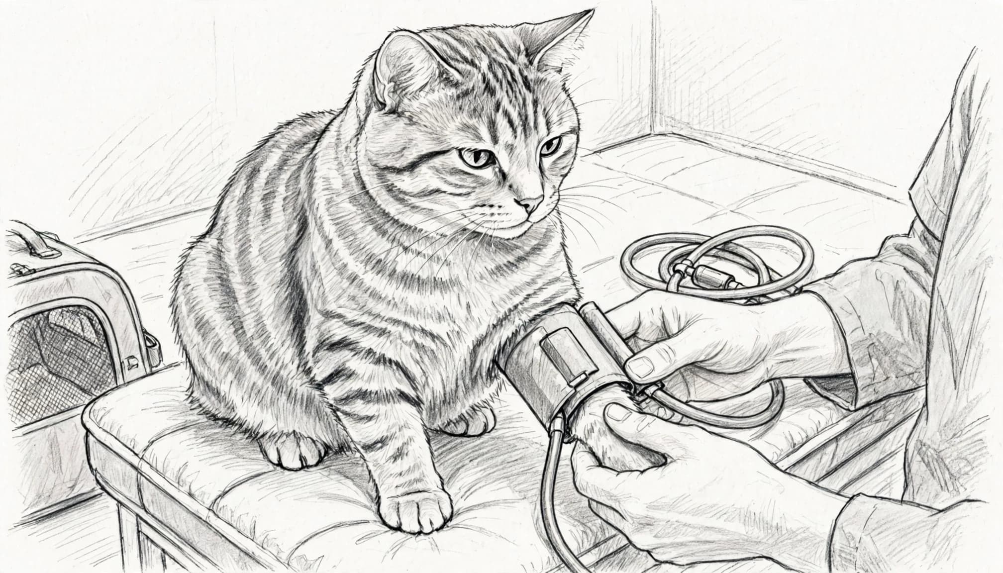 Eine Skizze zeigt eine Katze auf einer Untersuchungslieke, während Hände ihr eine Blutdruckmanschette anlegen.