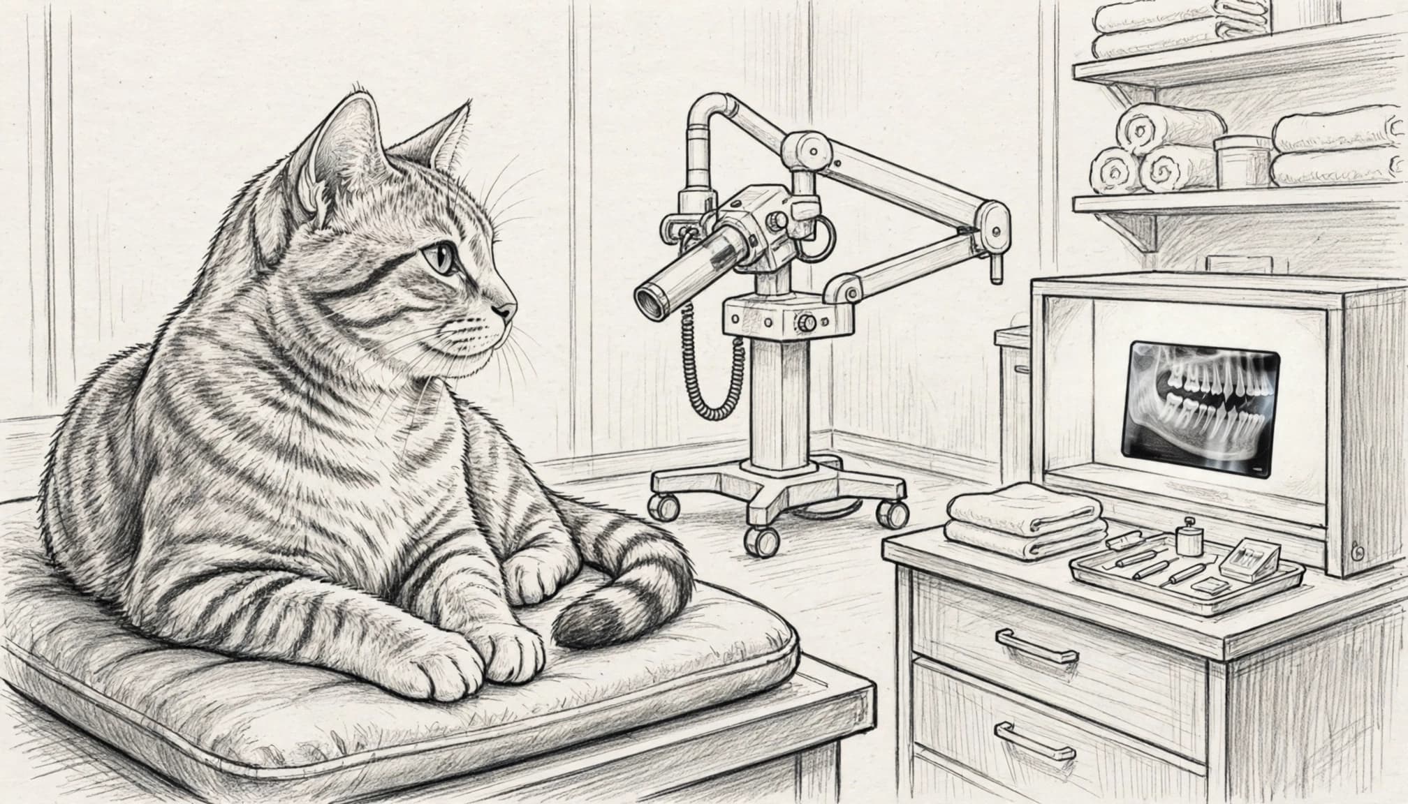 Eine Katze sitzt neben einem Gerät mit einer kleinen Zahnaufnahme.