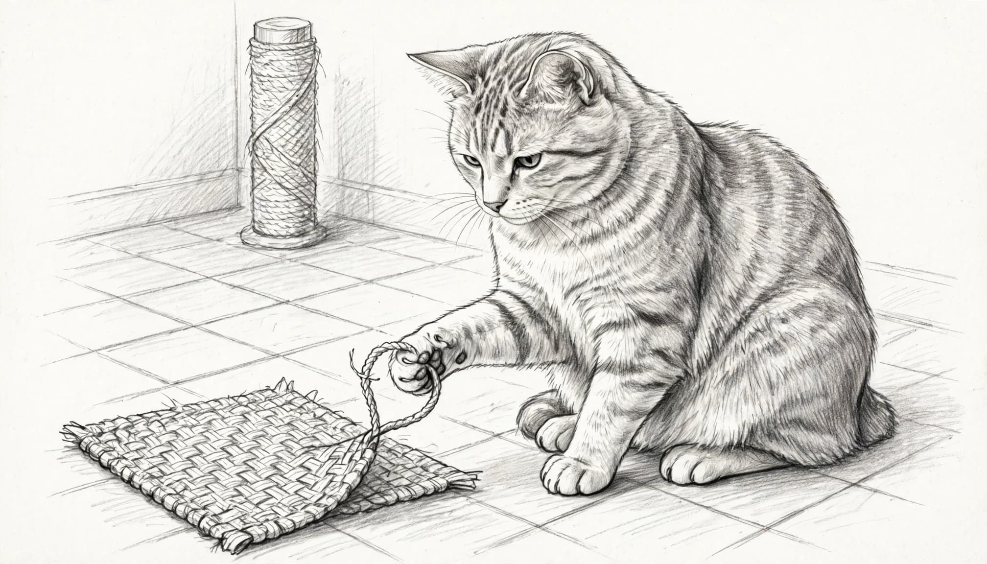 Eine Bleistiftzeichnung einer Katze, die mit einer Kralle in einem Teppich hängt.