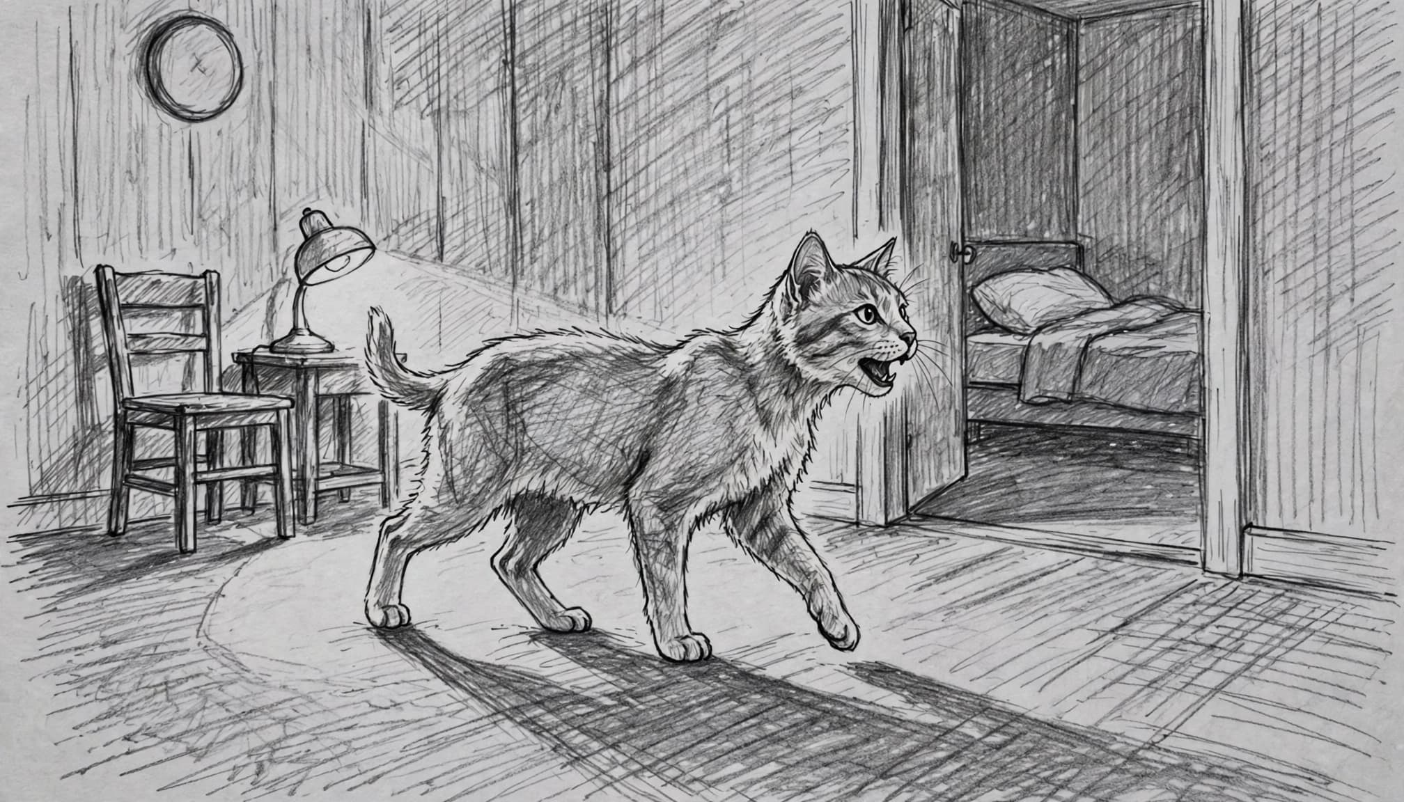 Eine Katze läuft nachts mit leicht geöffnetem Maul durch einen schattigen Flur.