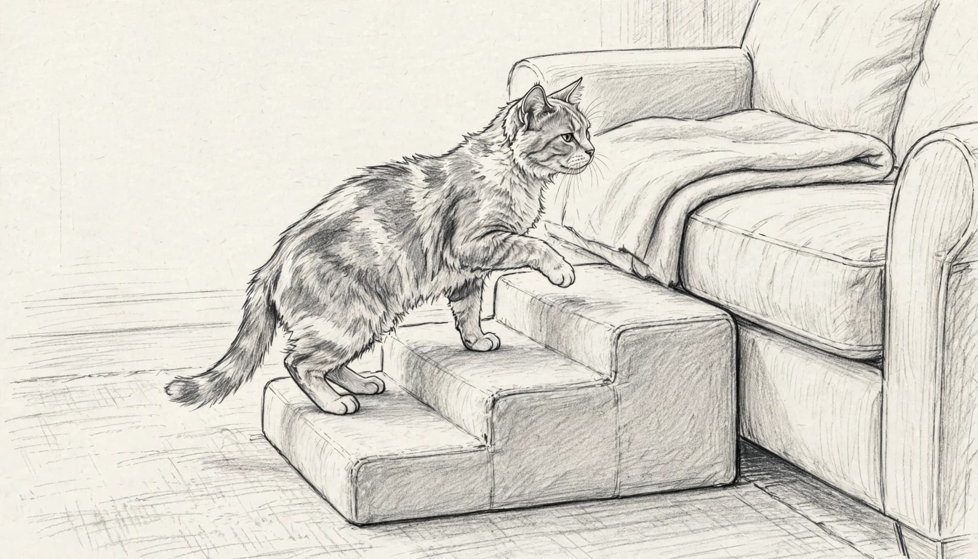 Eine ältere Katze steigt über eine niedrige Stufe zum Sofa.