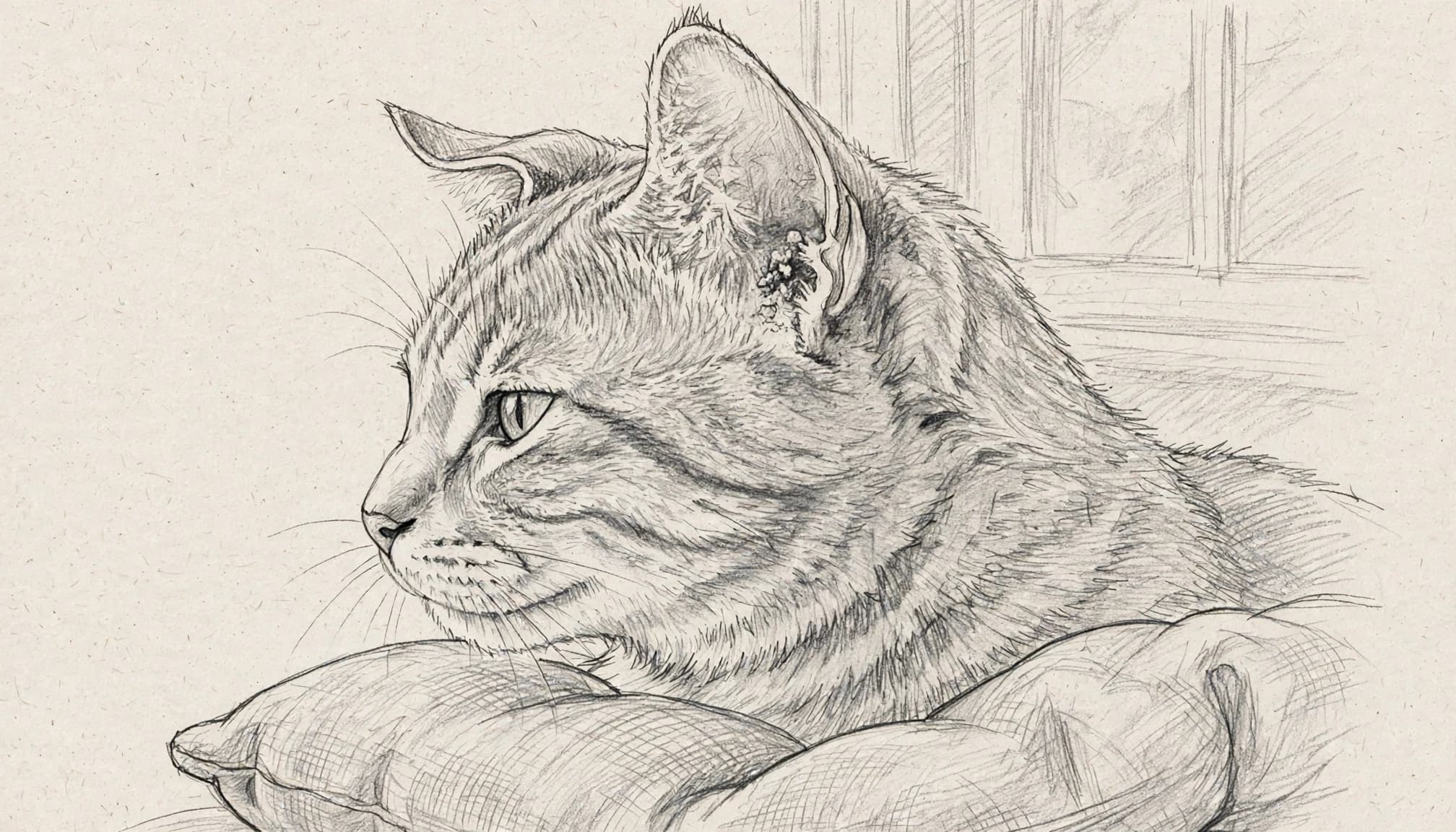 Eine Bleistiftzeichnung einer Katze, die auf einem Kissen liegt.