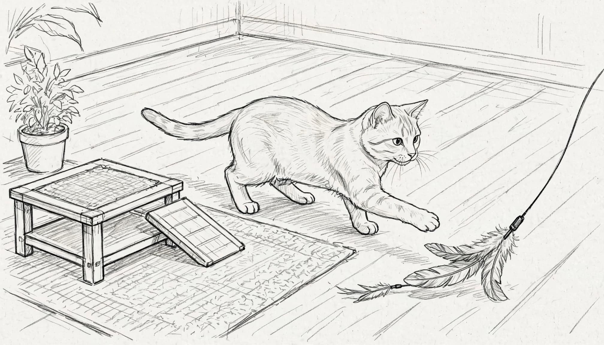 Eine Bleistiftzeichnung einer Katze, die auf dem Boden mit einer Feder spielt.