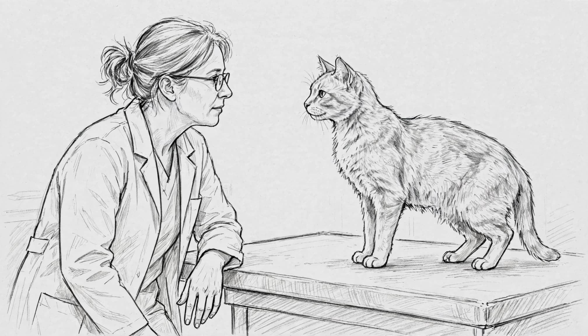 Eine Tierärztin beobachtet eine ältere Katze auf dem Untersuchungstisch.