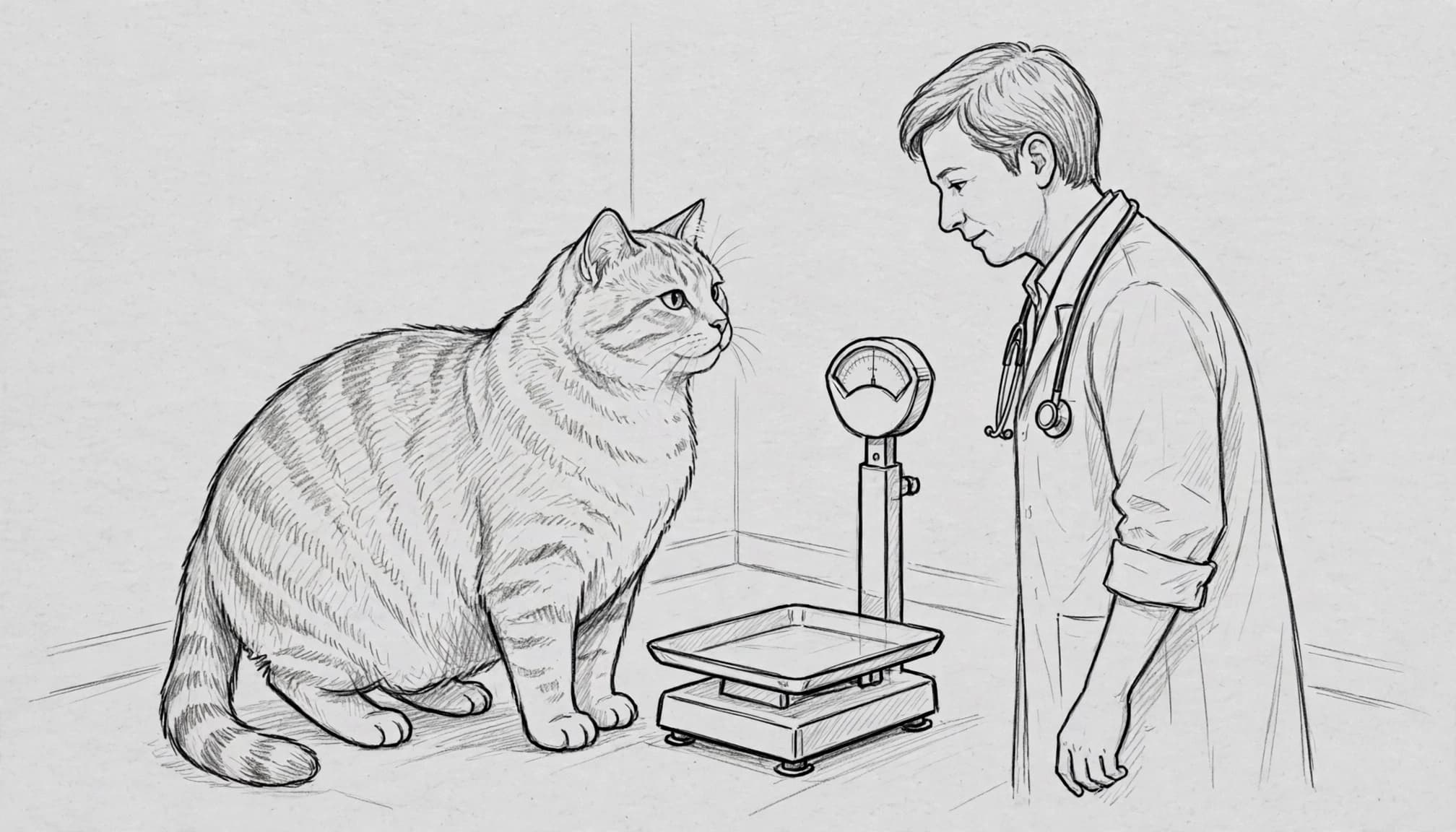 Eine Skizze zeigt eine übergewichtige Katze und einen Tierarzt an einer Waage.