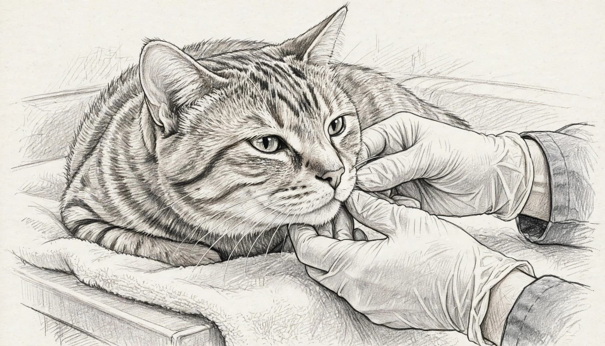 Eine entspannte Katze wird von einer Tierärztin behutsam an der Schnauze untersucht.