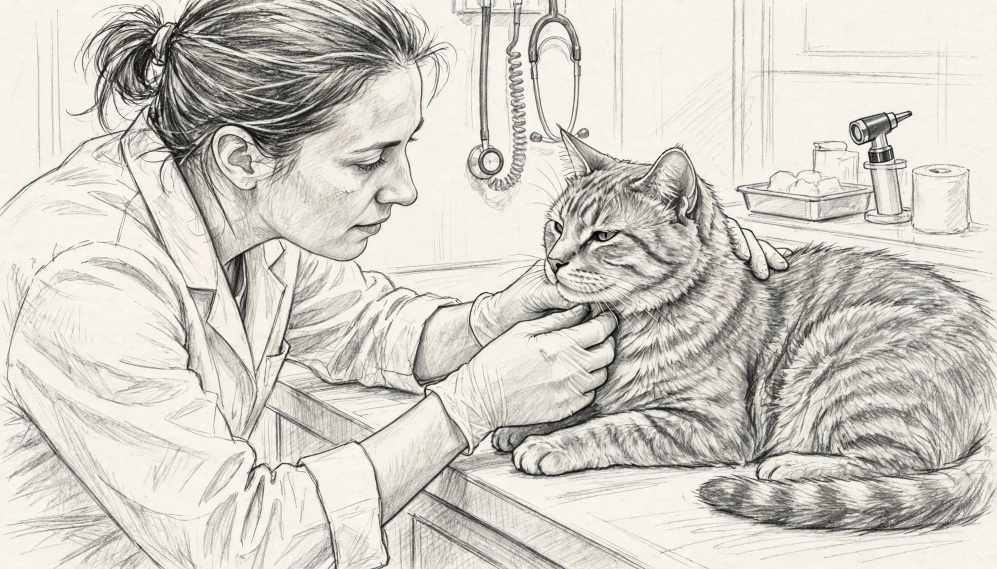 Eine Tierärztin untersucht den Hals einer älteren Katze auf dem Behandlungstisch.