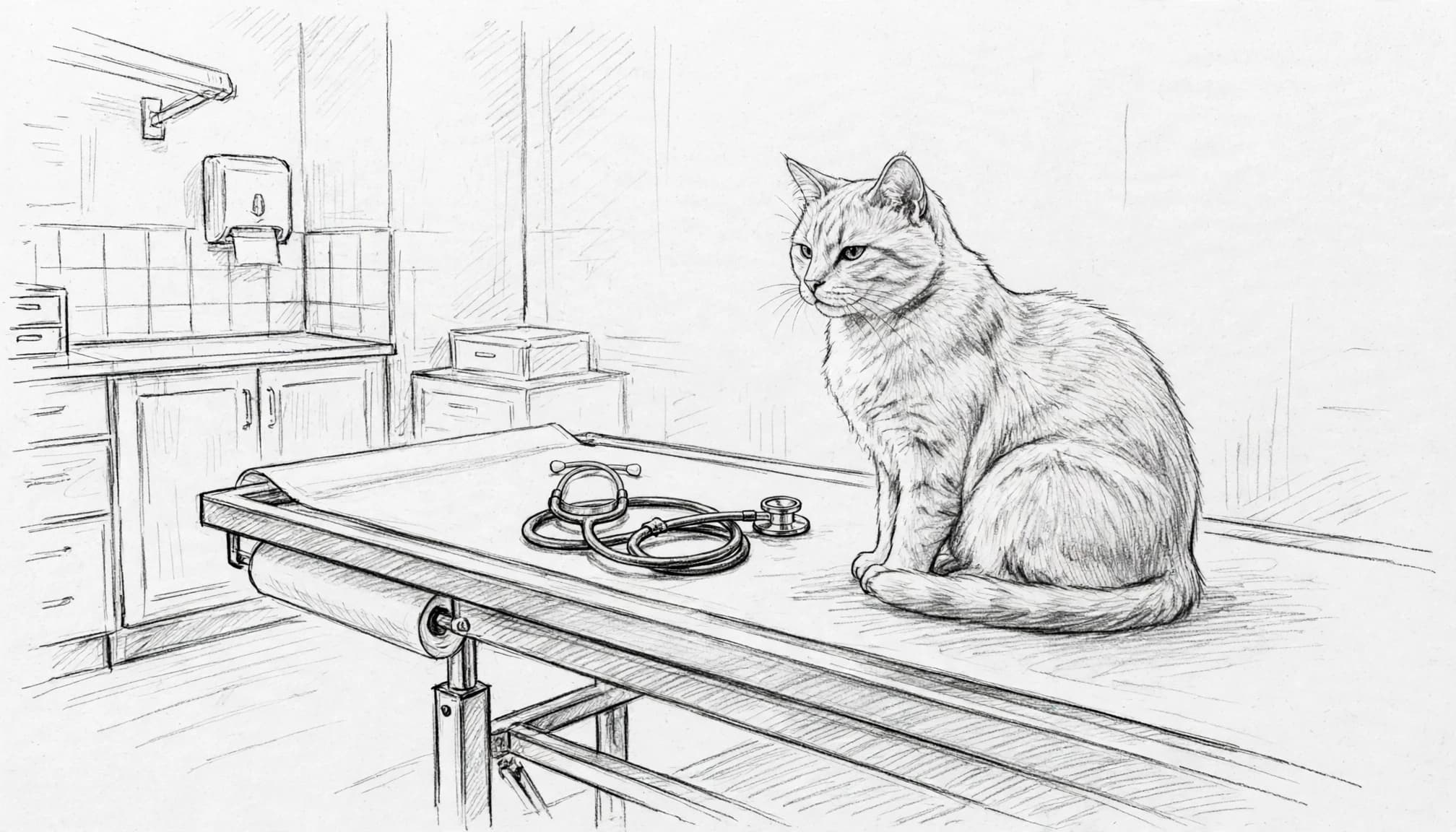 Eine Bleistiftzeichnung einer Katze auf einem Untersuchungstisch mit Stethoskop.