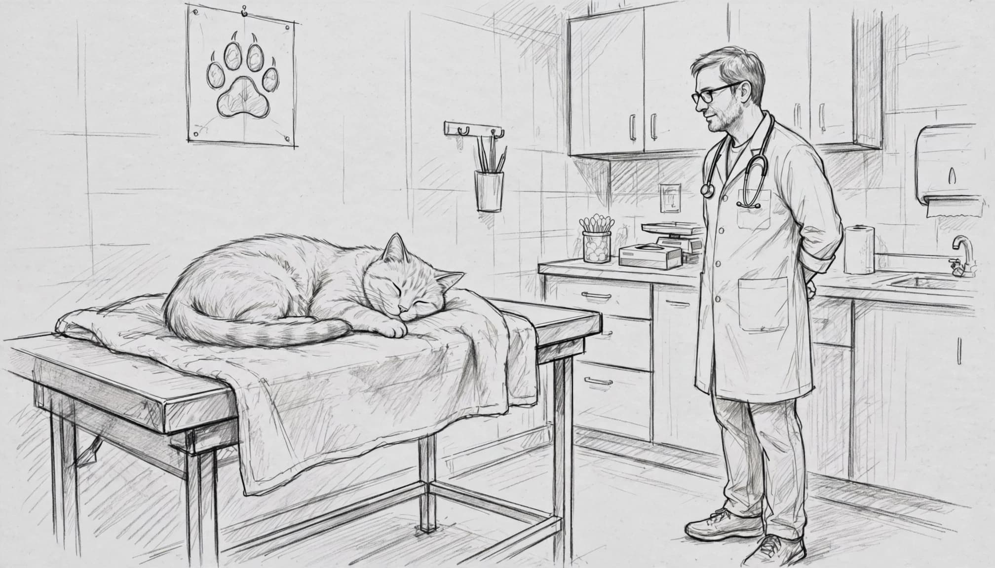 Eine Katze liegt auf dem Untersuchungstisch, die Tierärztin beobachtet sie aus der Nähe.