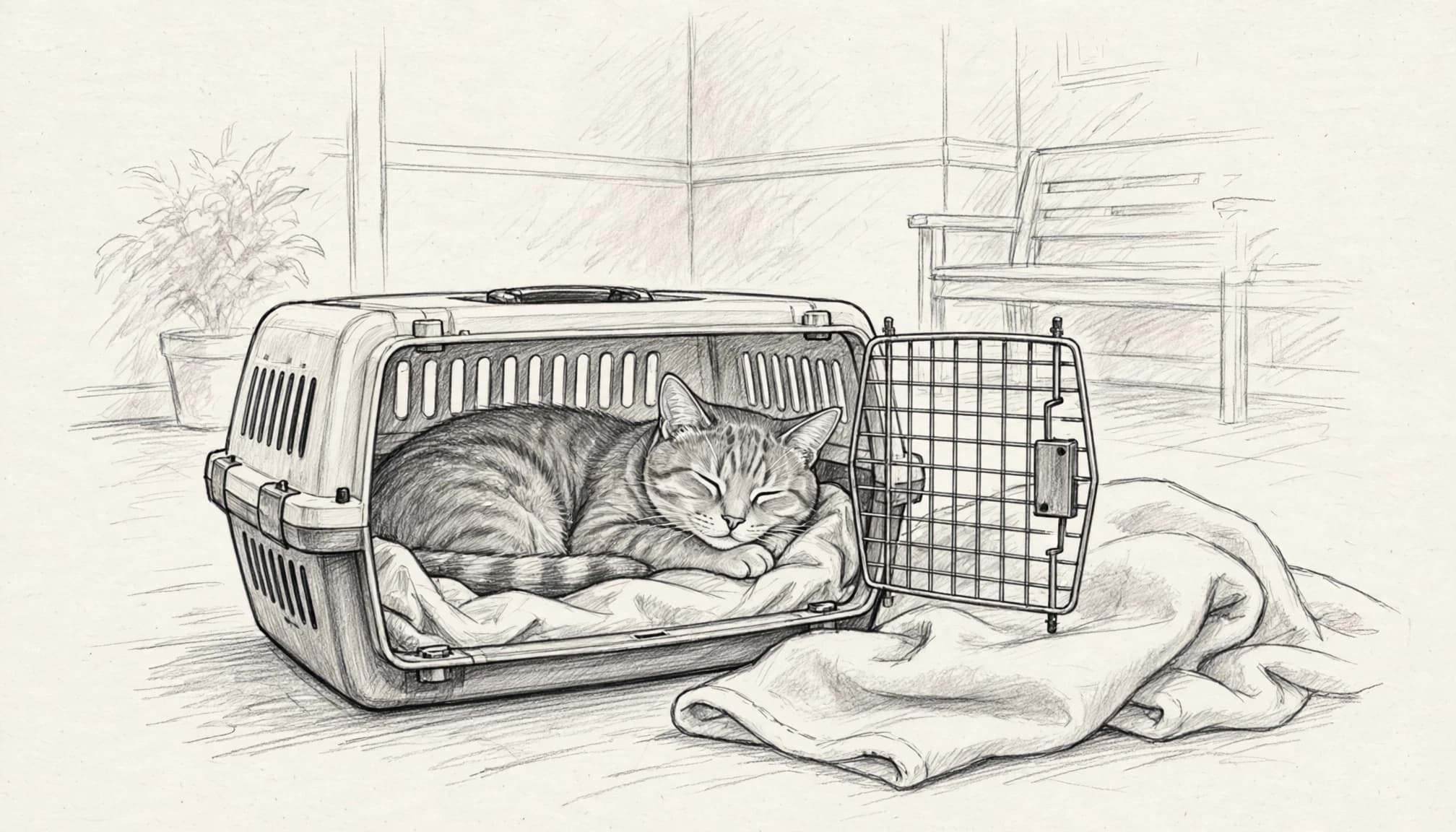 Bleistiftzeichnung einer schlafenden Katze in einer offenen Transportbox auf einer Decke.
