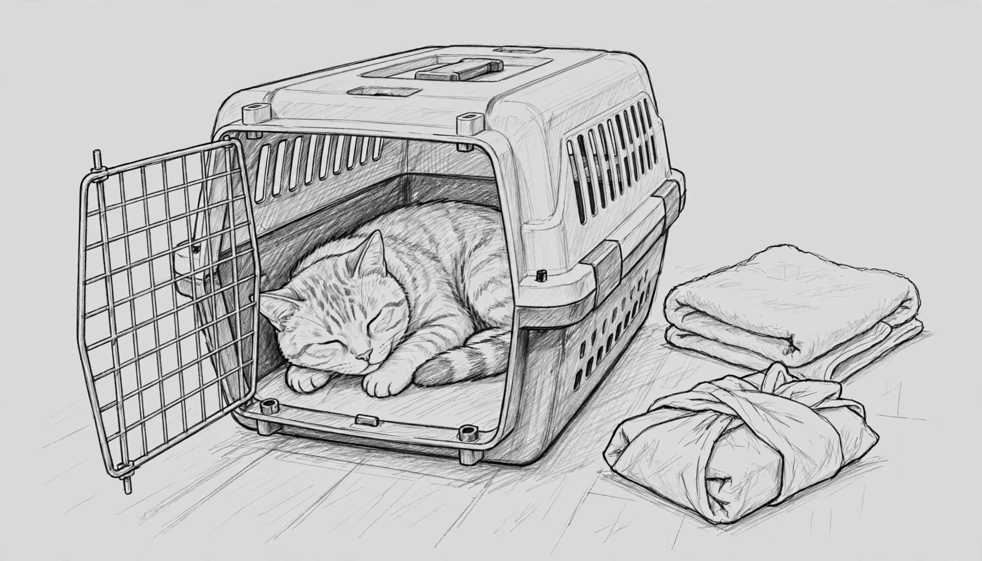 Eine Bleistiftzeichnung einer Katze, die ruhig in einer offenen Transportbox schläft.