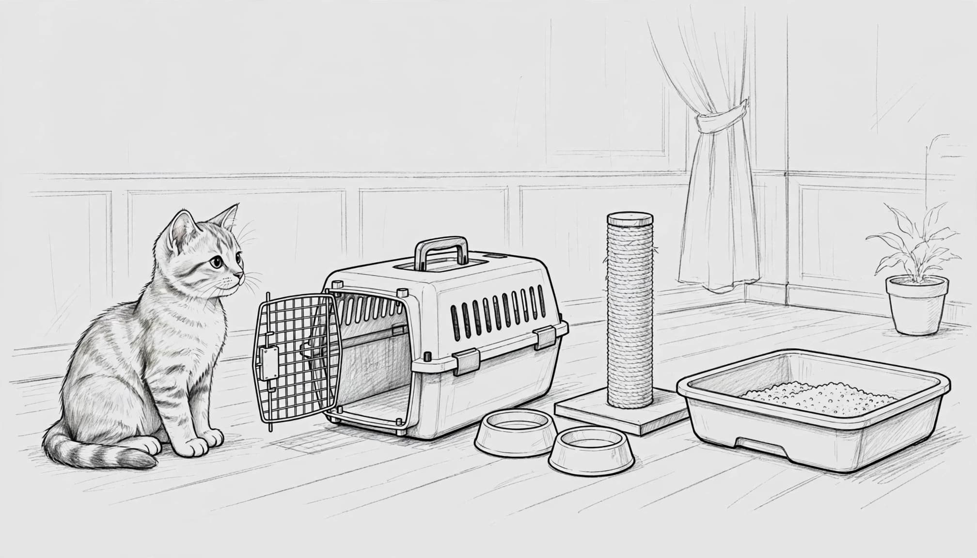 Eine junge Katze sitzt neben Transportbox, Näpfen, Kratzbaum und Katzentoilette.