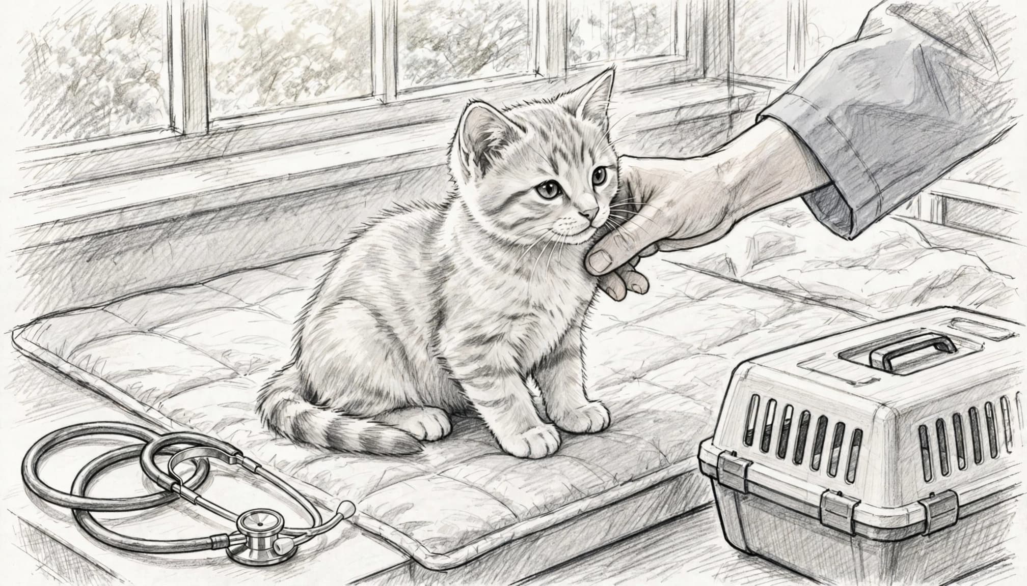Ein Kitten sitzt auf dem Untersuchungstisch neben Stethoskop und Transportbox.