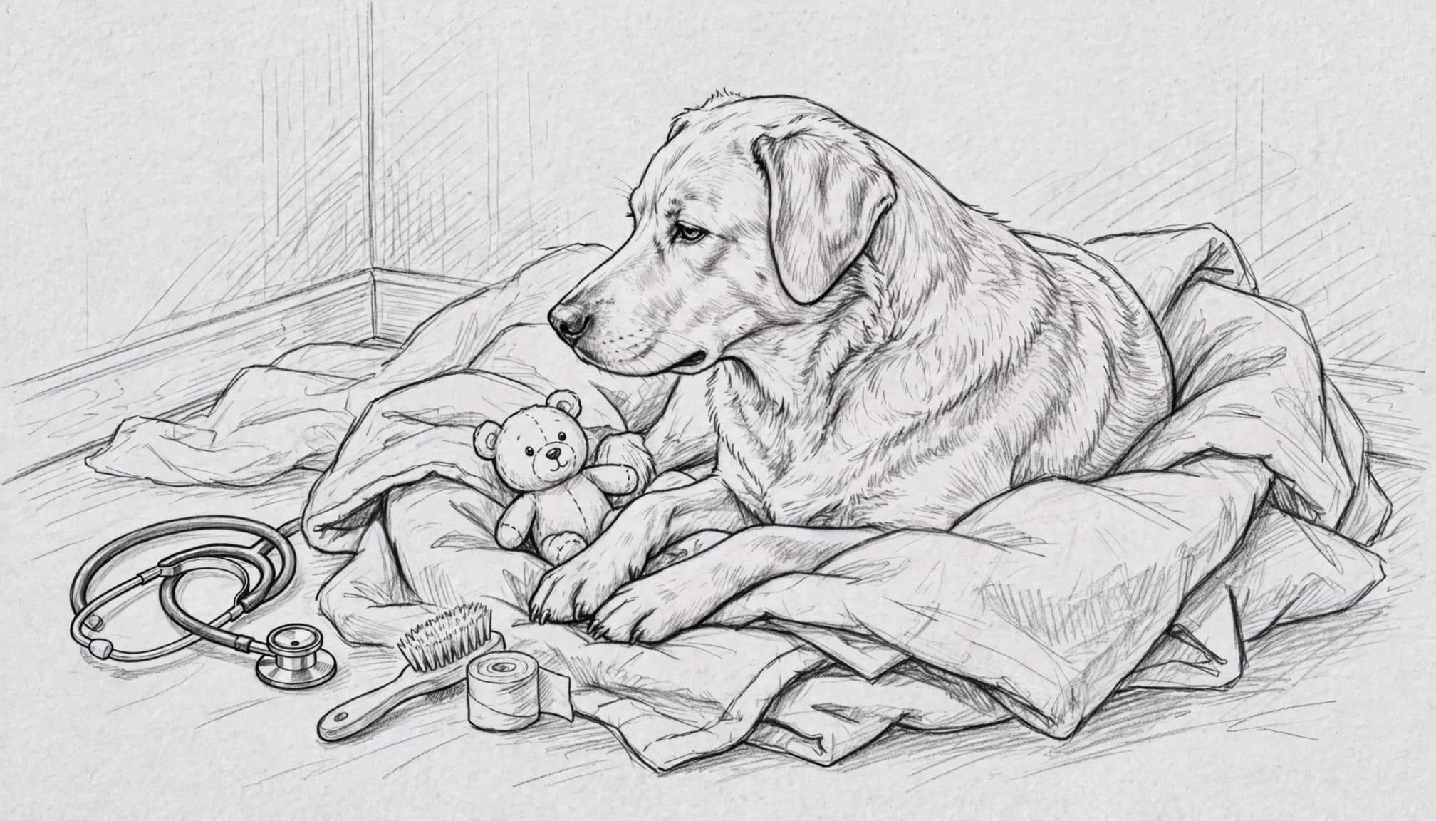 Eine Skizze eines Hundes im Körbchen mit einem Kuscheltier und einem Stethoskop.
