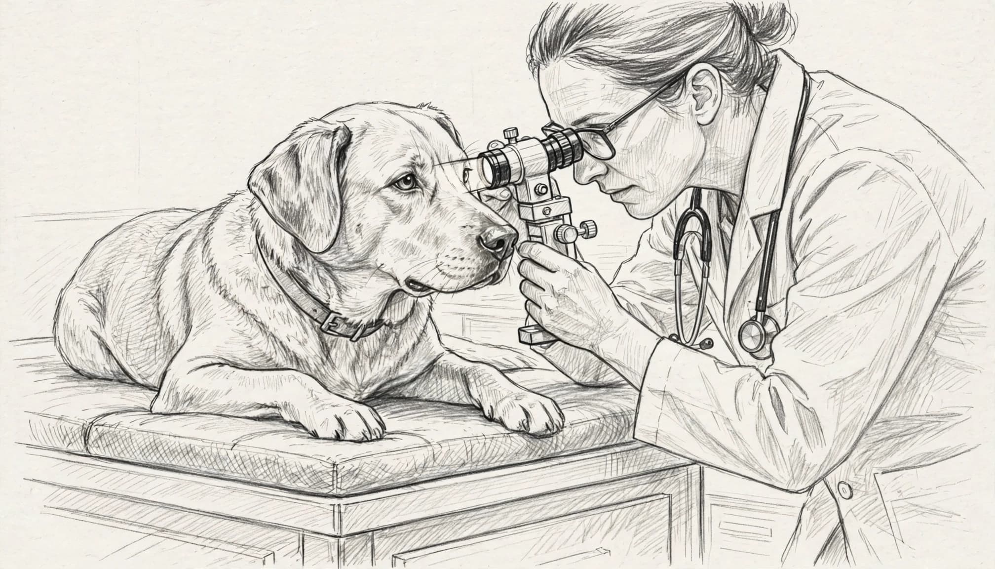 Eine Tierärztin untersucht das Auge eines Hundes mit einem Ophthalmoskop.