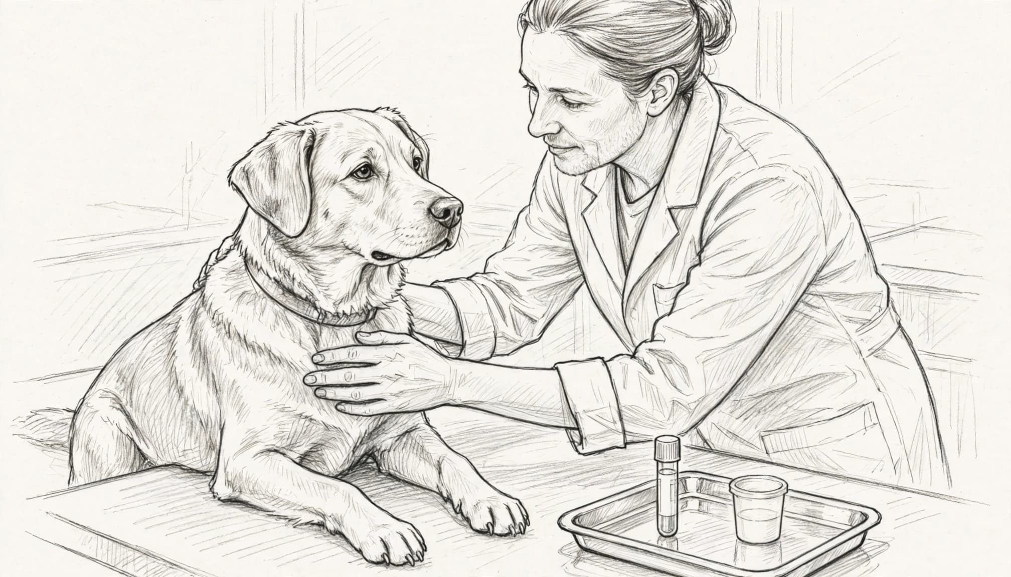 Eine Tierärztin untersucht einen ruhigen Hund; daneben stehen Blut- und Urinprobe.